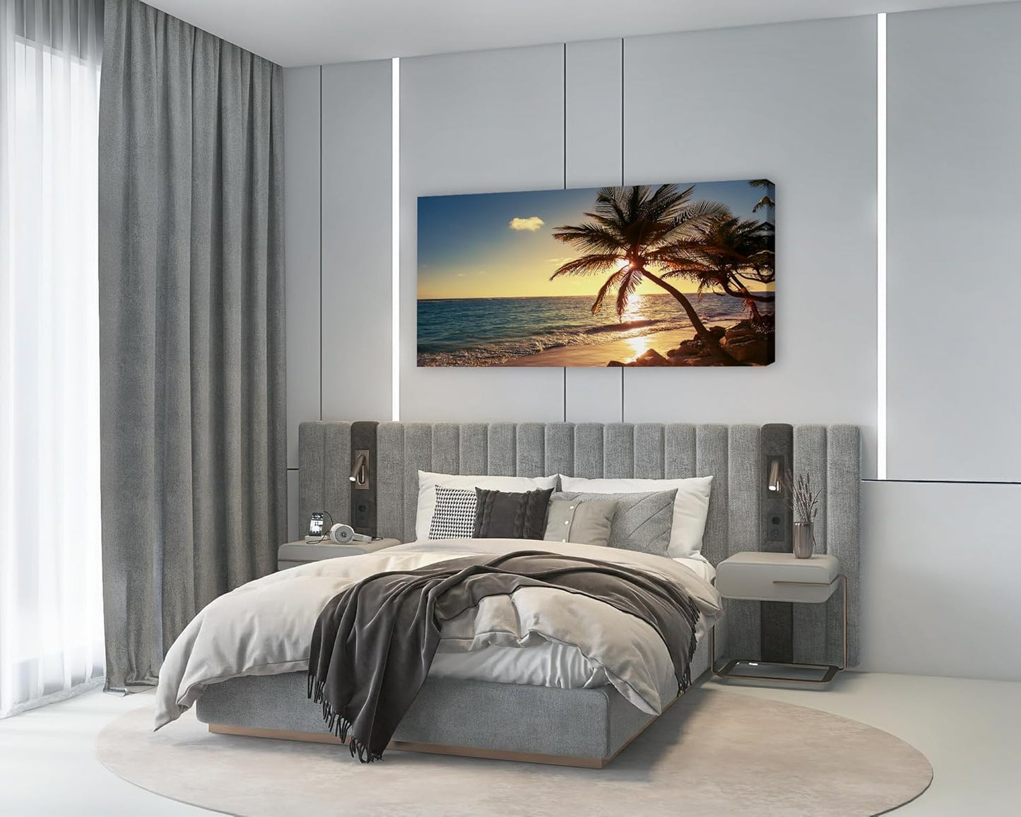 Muolunna S04998 Wall Art Decor Large Canvas Print Picture Sunset Ocean Beach Waves 1 Panel Coconut tree Scenery Painting Artwork for Office Home Decoration Stretched and Framed Ready to Hang