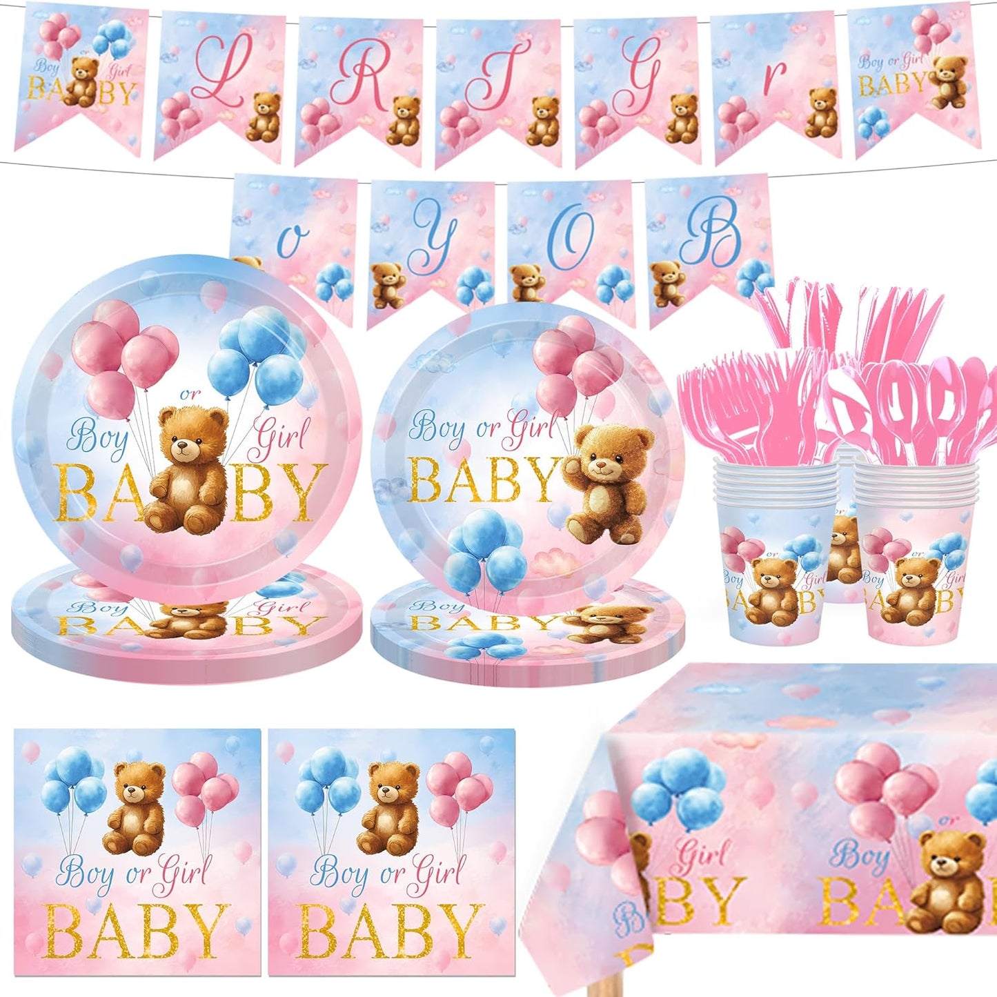 142 Pcs Bear Gender Reveal Decorations Bear Themed Plates Cups and Napkins Sets Boy Or Girl Gender Reveal Decorations Serves 20