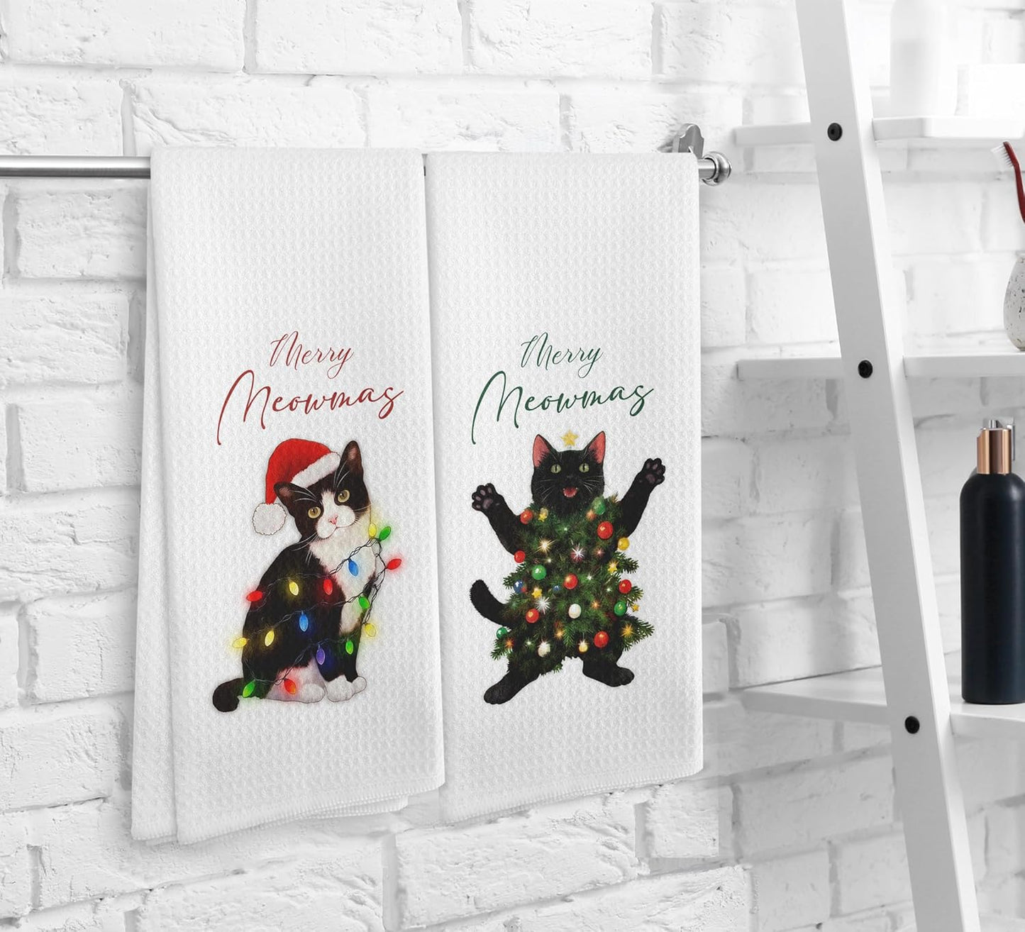 Black Cat Christmas Tree Lights Decor Kitchen Towels and Dishcloths Set of 2, Cat for Cat Lovers, Funny Cat Drying Cloth Hand Towels Tea Towels for Bathroom, 16×24 Inches