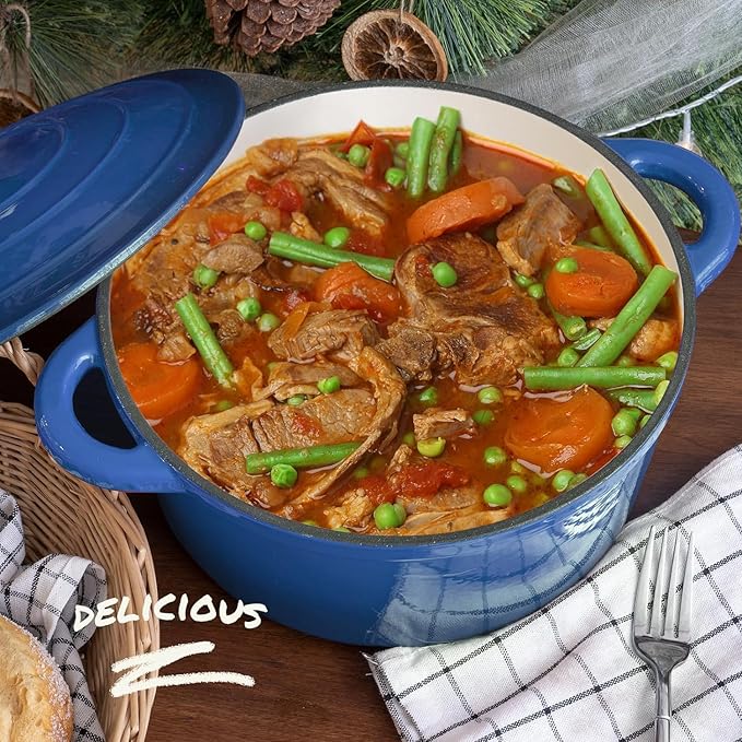 Overmont Enameled Cast Iron Dutch Oven - 5.5QT Pot with Lid Cookbook & Cotton Potholders - Heavy-Duty Cookware for Braising, Stews, Roasting, Bread Baking blue