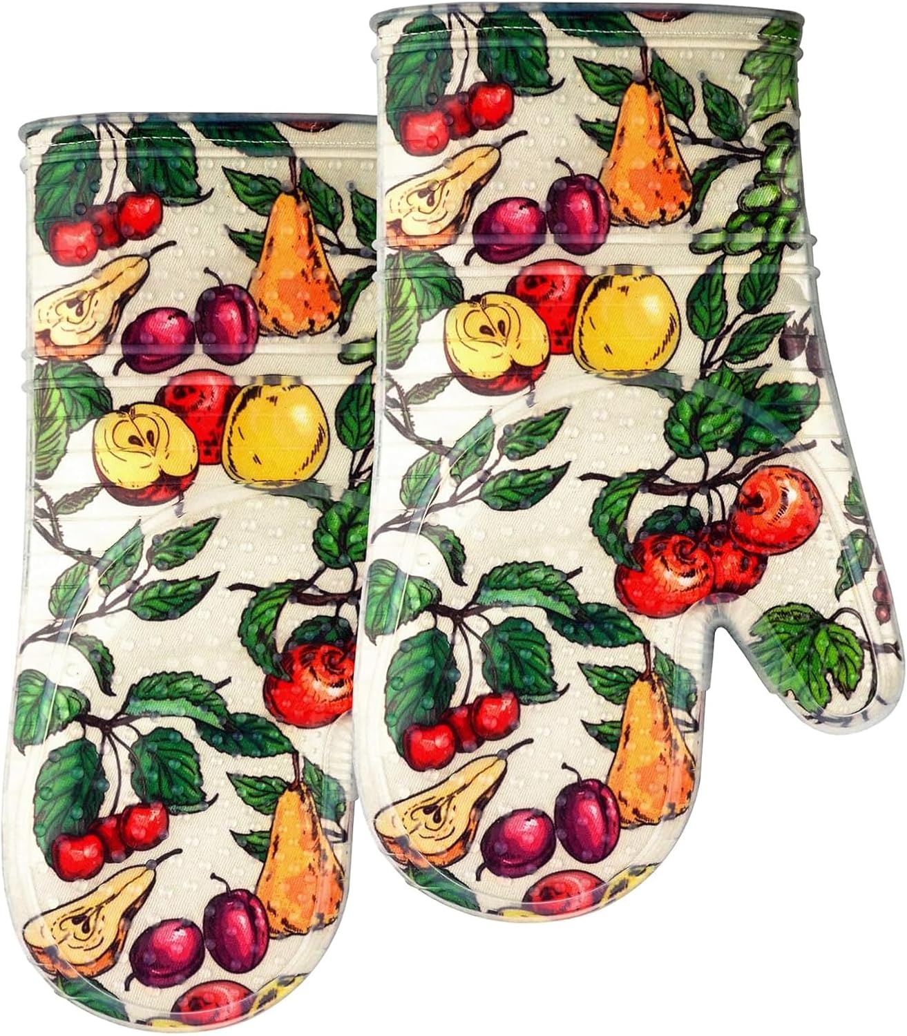 Oven Mitts Set of 2 with Transparent Clear Silicone Shell and Nice Friut Flower Cotton Lining, Heat Resistant to 500 F Kitchen Oven Gloves Pot Holder for Cooking (Friut Flower, Oven Mitts)