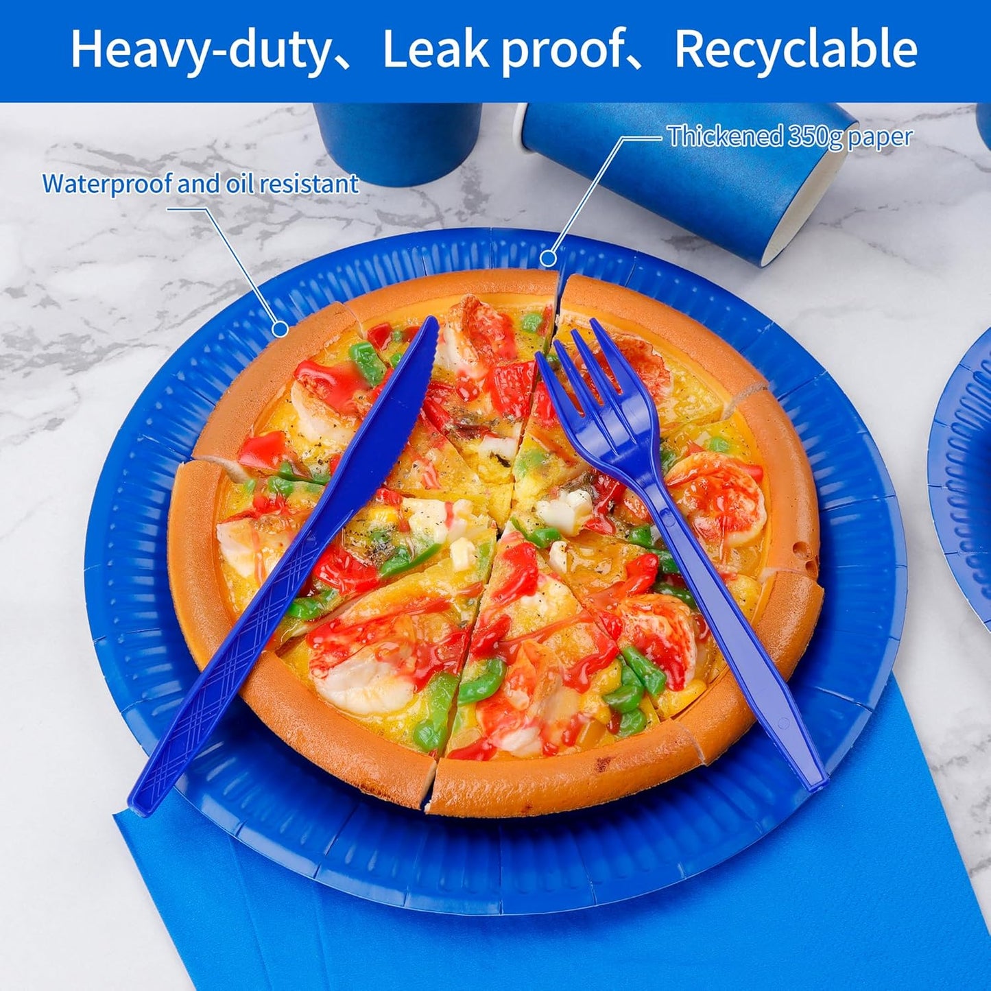 210pcs Thanksgiving Blue Paper Plates Disposable Tableware Party Supplies - Includes 9" Dinner Plates, 7" Dessert Plates, 9oz Paper Cups, Napkins, Plastic Forks Serves 30