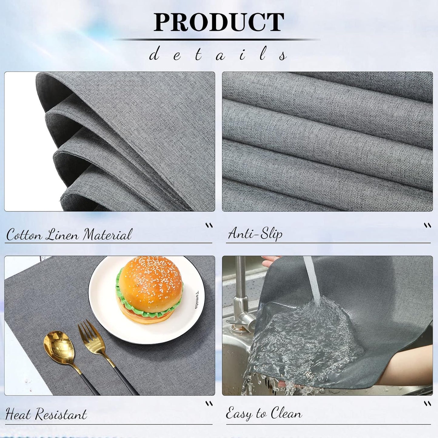 Sieral Cloth Placemats Set of 12 Rectangle Dining Table Placemats Bulk 13 x 19 Inch Machine Washable Heat Resistant Cotton Linen Table Mats for Wedding Baby Shower Birthday Party Supplies(Dark Gray)