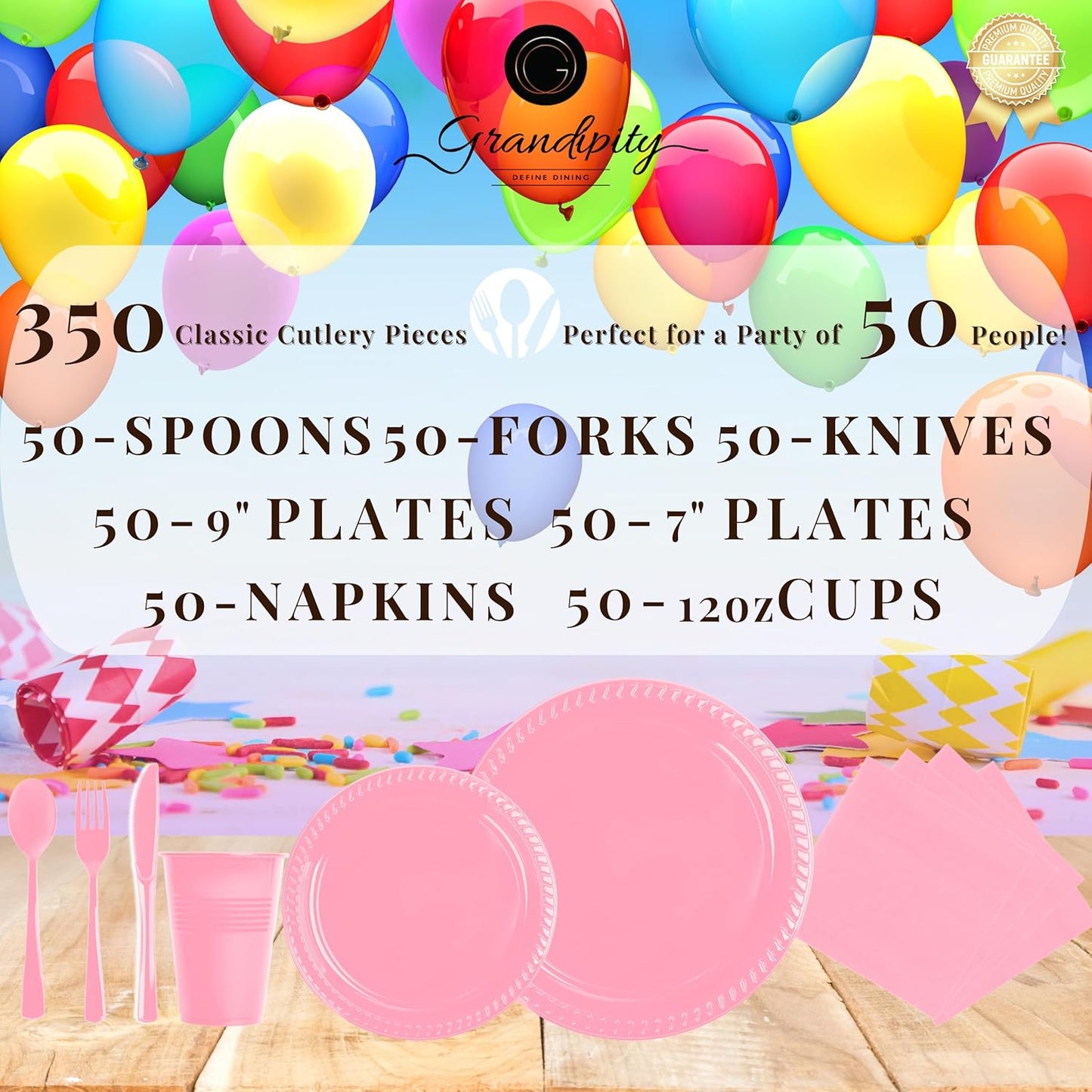 Grandipity 350 Piece Pink Disposable Dinnerware Set, Includes 50 of Each: 9" Dinner Plates, 7" Dessert Plates, 12oz Cups, Paper Napkins, Forks, Knives & Spoons