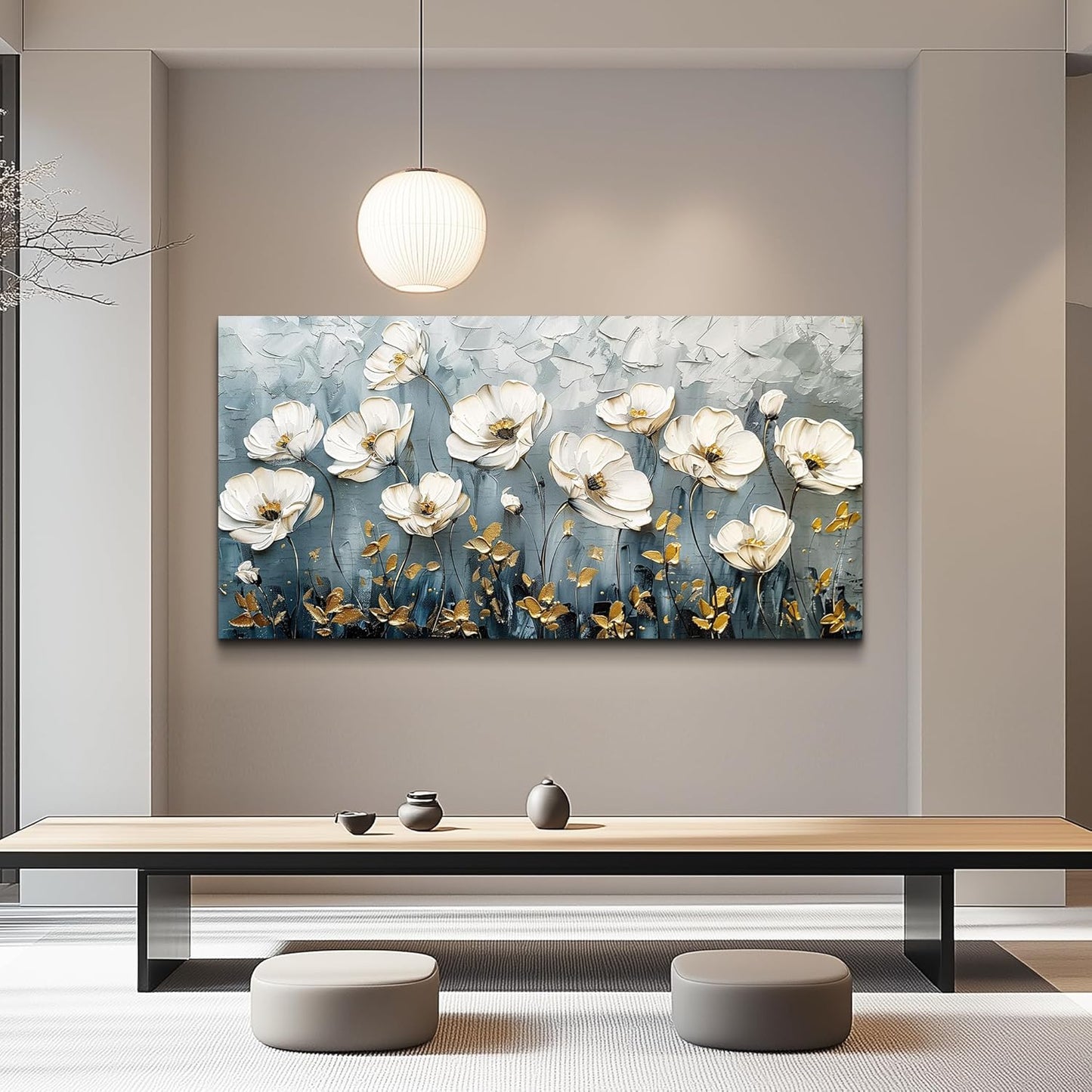 QIYILEXWART Large Wall Decor For Living Room Canvas Wall Art For Office Modern Wall Decorations For Bedroom Textured White Flower Landscape Painting Farmhouse Pictures Artwork Room Home Decor 24x48
