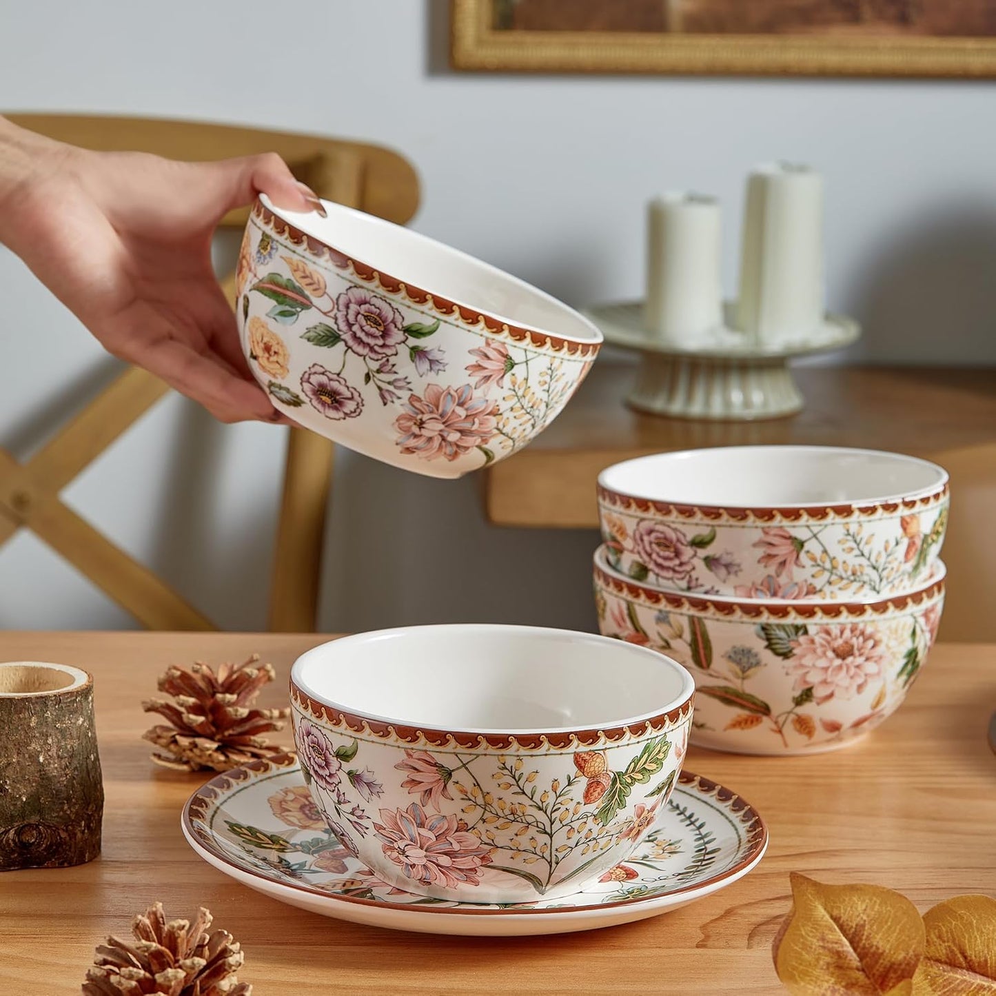 Bico Blooming Moment Cereal Bowls Set of 4, 26 oz Deep Ceramic Soup Bowls for Cereal, Salad, Noodles, Kitchen, Microwave and Dishwasher Safe, Gift for Housewarming and Thanksgiving