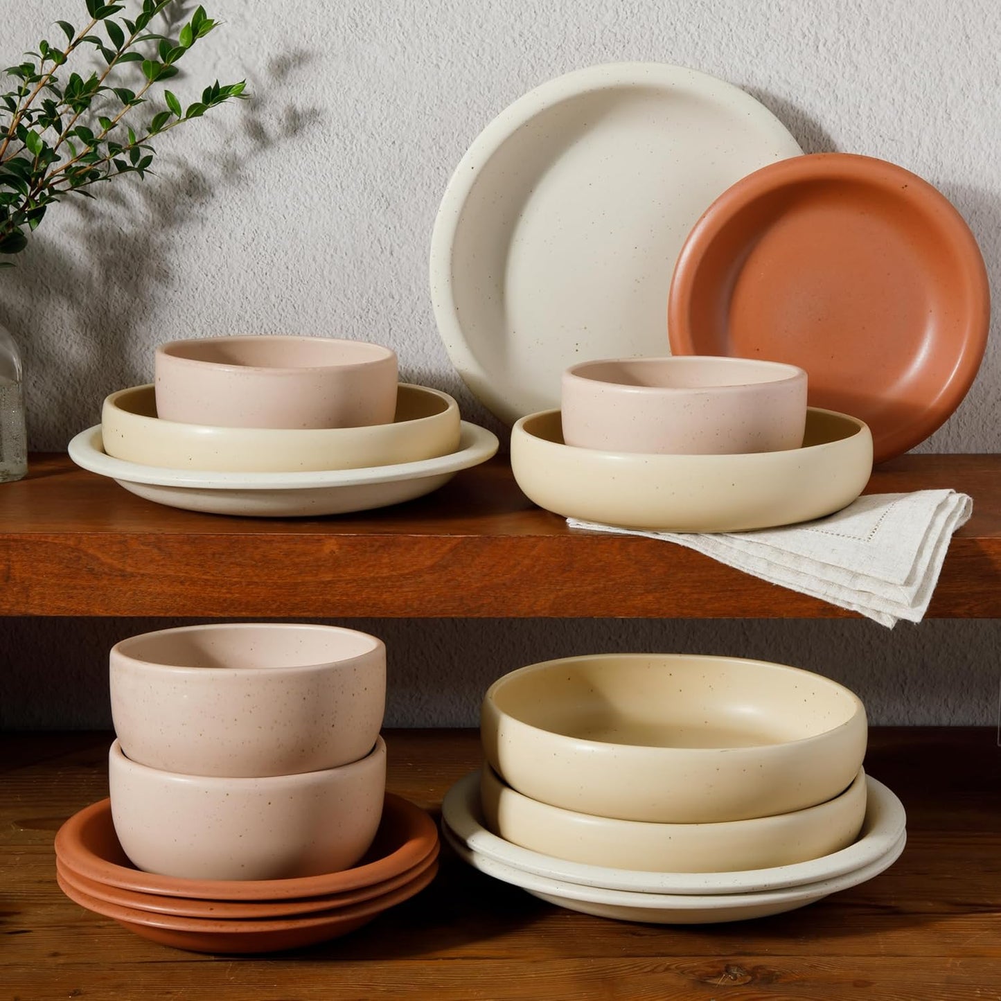 Bloomhouse Corsica Clay 16 Piece Stoneware Rustic Reactive Glaze Dinnerware Set - Stackable Plates and Bowls Set. Service for 4 - Matte Assorted Colors