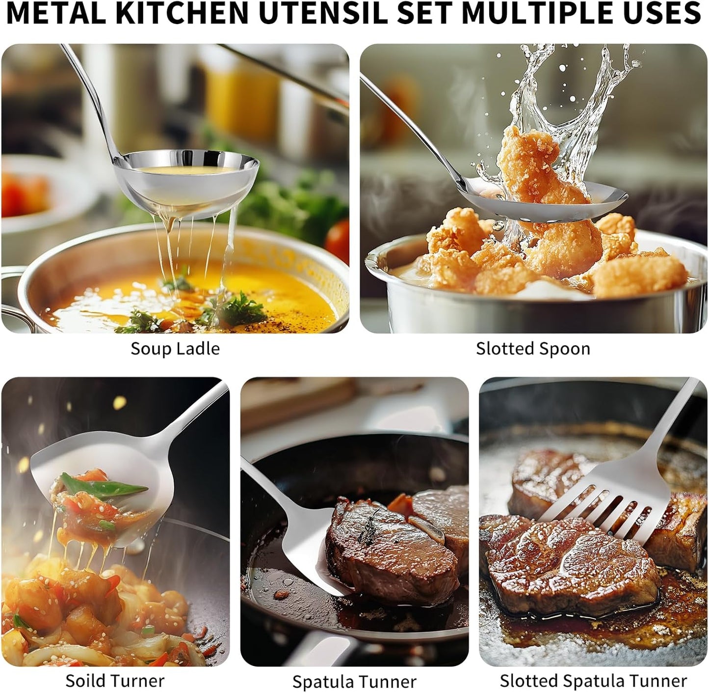 304 Stainless Steel Kitchen Utensils Set, 10 Pcs Metal Cooking Utensil, Mirror Polished Kitchen Gadget Cookware and Kitchen Tool Set, Dishwasher Safe