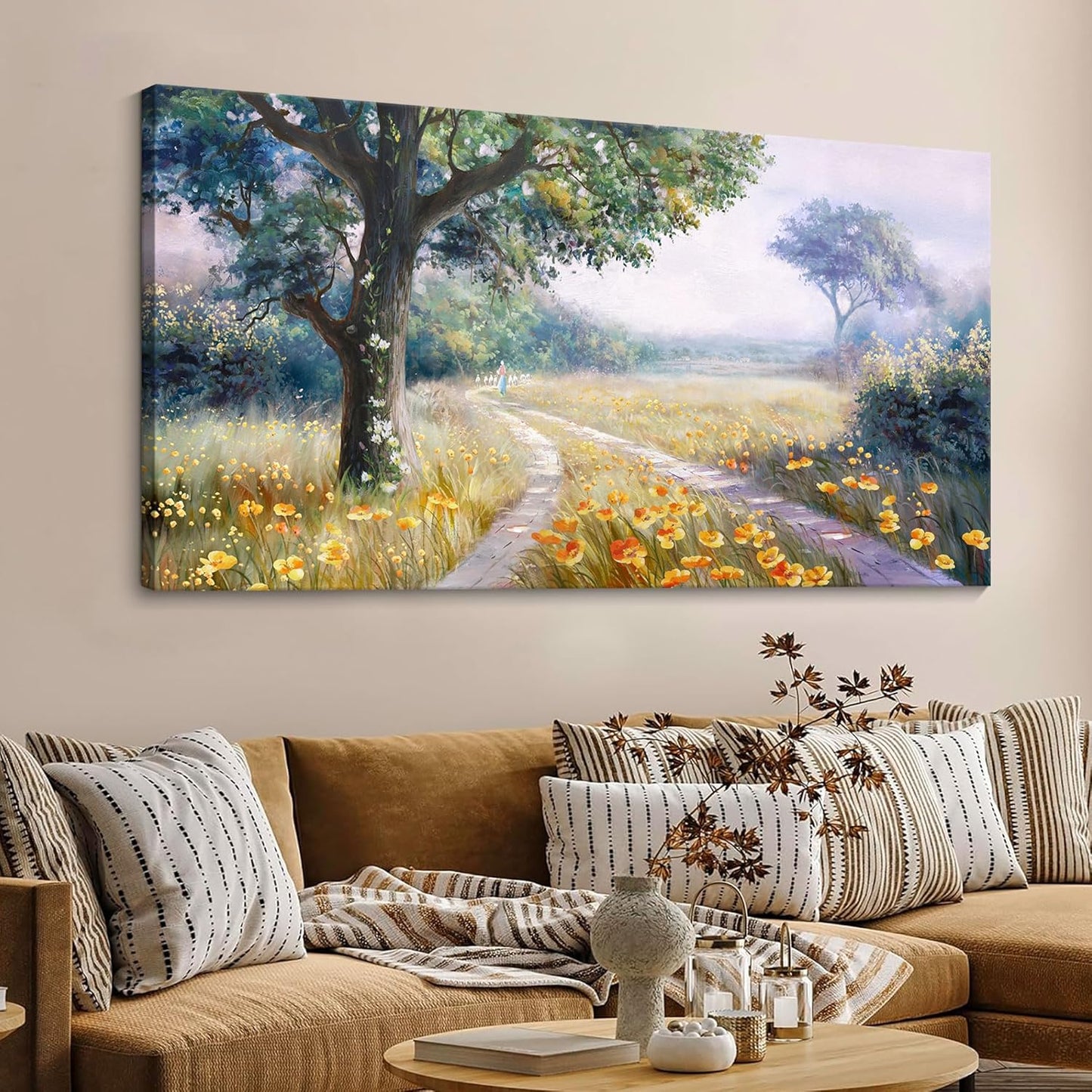 CHATYOUNG Large Landscape Wall Art, Spring Decor Rustic Wildflowers Way Home Wall Pictures, Farmhouse Meadow Painting Wall Art Prints For Living Room Bedroom Bathroom Kitchen Home Decor 29"X58"