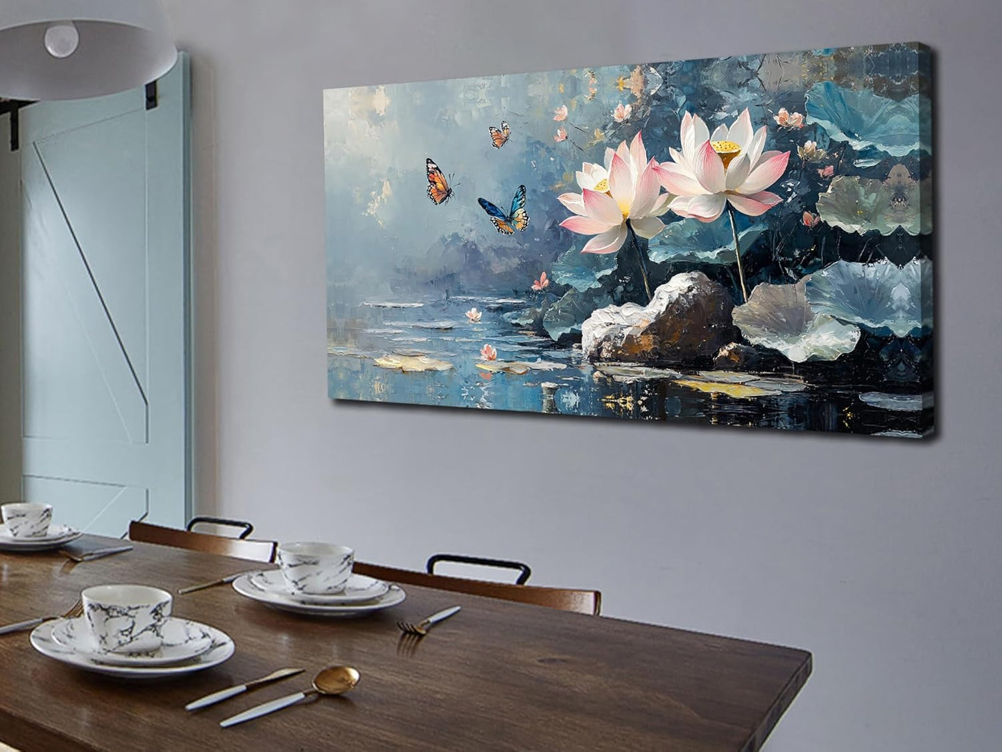 Ardemy Lotus Wall Art for Living Room Butterfly Large Canvas Art Wall Decor Textured Pictures Artwork Bedroom Kitchen Dining Home Office, Large 48"x24"