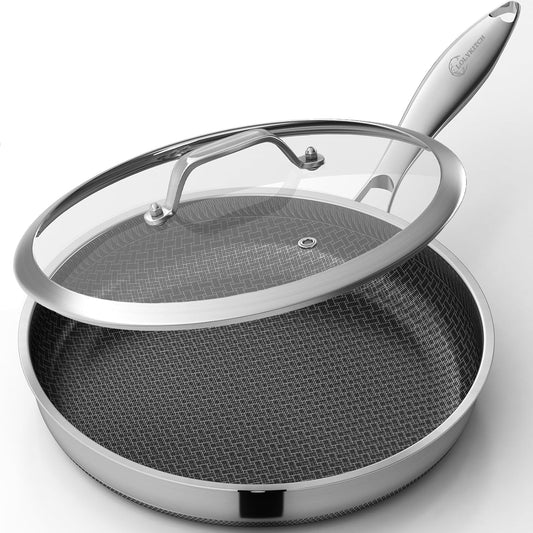 LOLYKITCH 12 In Nonstick Frying Pan Skillet with Lid, Ceramic Coating, Tri-ply Stainless Steel, Induction Compatible, PFOA-free, Oven Safe to 600°F, Dishwasher-safe, Detachable Handle