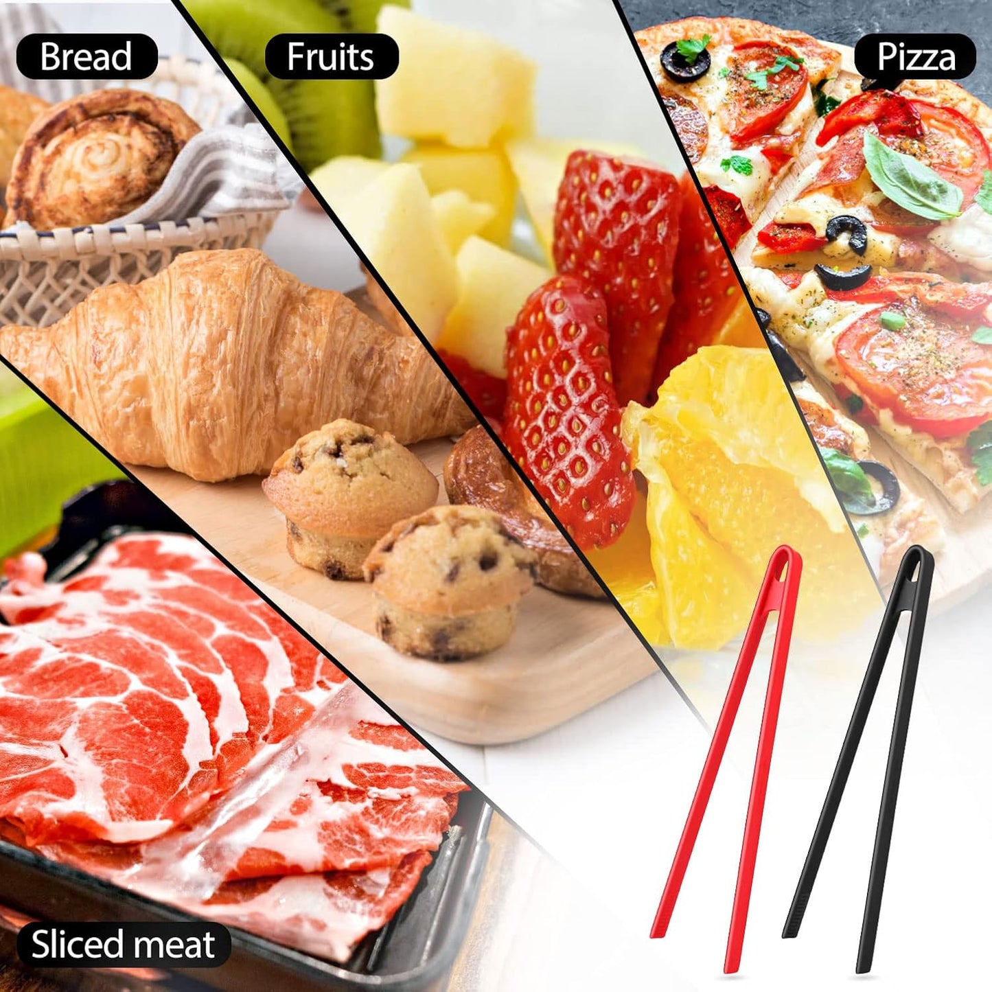 2-Piece Silicone Trivet & Tongs, 11.8 Inch, Non-Stick, Heat Resistant, BBQ & Grilling Tongs for Pan Fried Steak & Toaster (Black, Red)