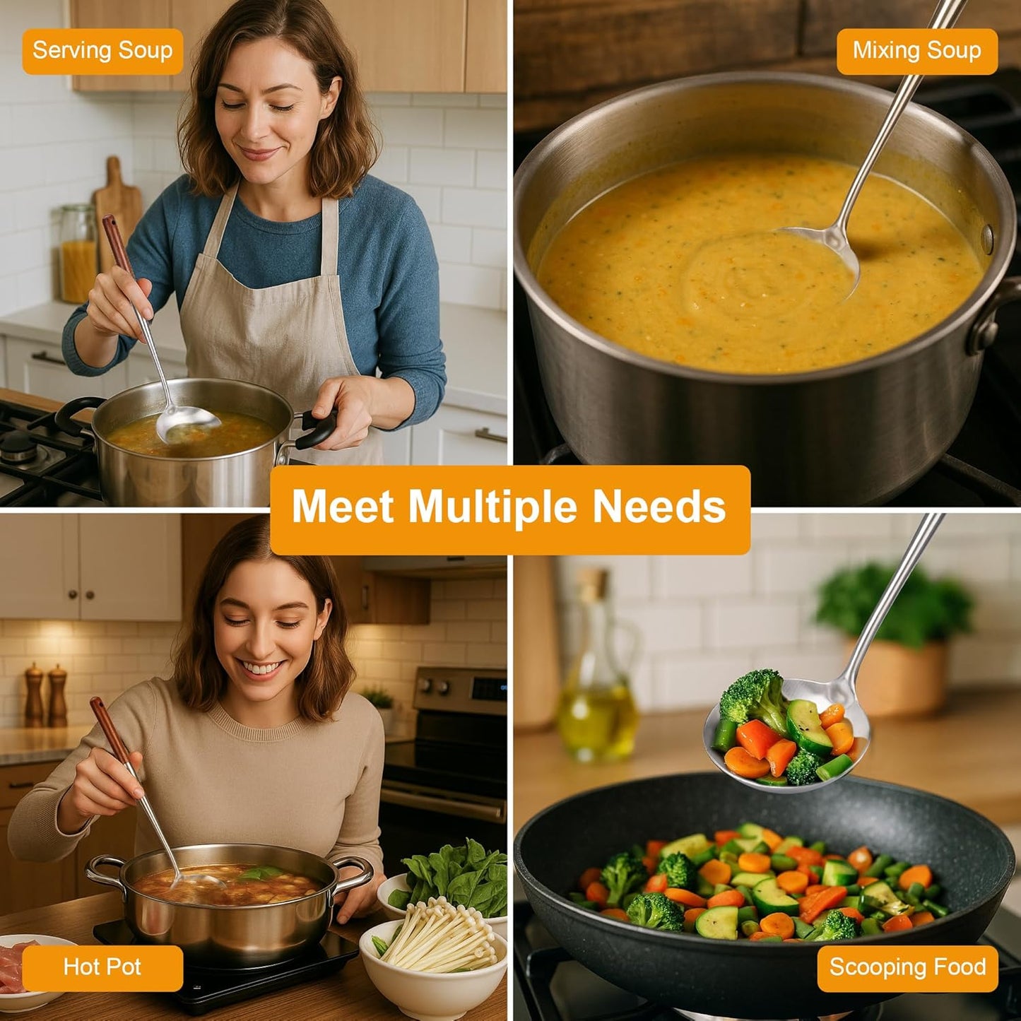 FJNATINH Soup Ladle, Metal Ladle Stainless Steel for Soup Sauces, Kitchen Ladle Spoon with Heat-proof Wooden Handle, Easy to Clean