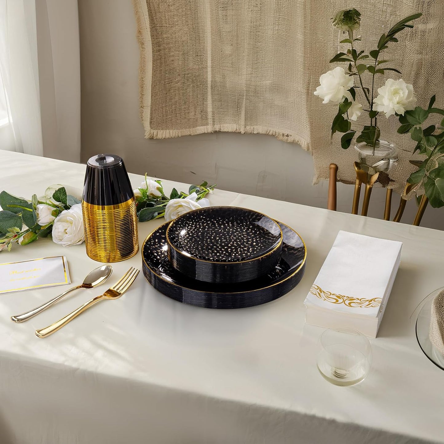 DaYammi 175PCS Clear Black and Gold Plastic Dinnerware Set for Halloween, Hammered Disposable Plates for Party, Include: 25 Dinner Plates, 25 Dessert Plates, 75 Gold Silverware, 25 Napkins, 25 Cups