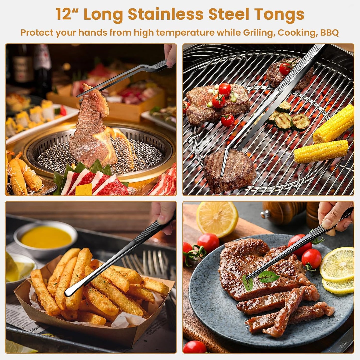 GEEKHOM 4 Pcs 12-Inch Black Heavy Duty Tweezer Tongs, Commercial Grade Stainless Steel for Grill Masters, BBQ Catering & Outdoor Cooking
