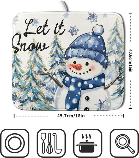 Hello Winter Dish Drying Mats 16x18 Inch, Xmas Holiday Snowman Pine Trees Snowy Seasonal Washable Microfiber Drainer Rack Absorbent Pad Kitchen Counter Coffee Bar Protector