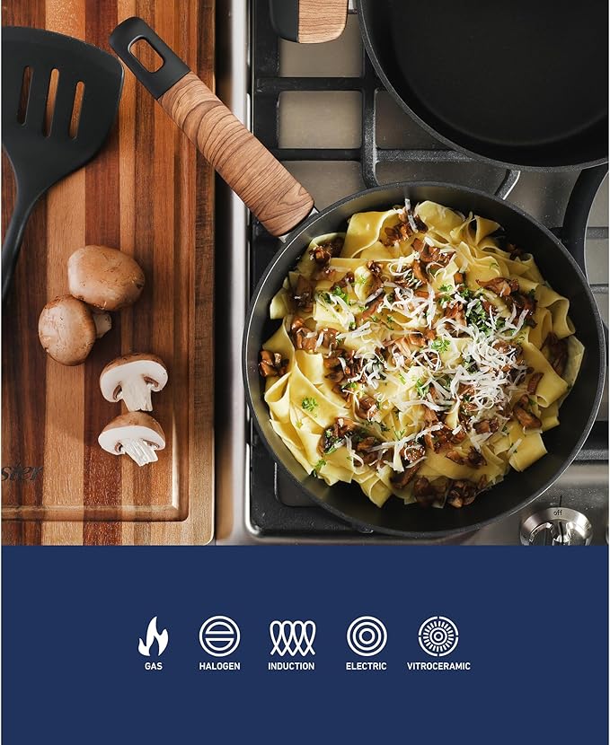 Oster Platinum Oxburg 14 Piece Forged Aluminum PFA Free Non-toxic Premium Ceramic Non Stick Interior Cookware & Kitchen Tools Set - Black w/Wood Handles