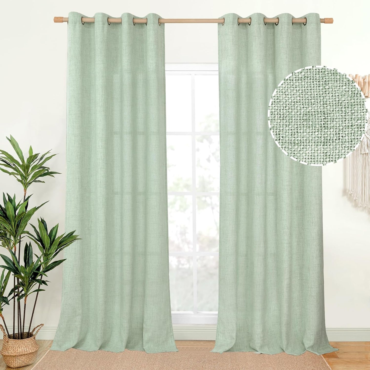 YoungsTex Sage Green Linen Curtains 90 Inches Long for Living Room, Boho Semi Sheer Drapes with Bronze Grommet Privacy Light Filtering Window Treatments for Bedroom Dining, 52 x 90 Inch, 2 Panels