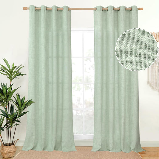 YoungsTex Sage Green Linen Curtains 90 Inches Long for Living Room, Boho Semi Sheer Drapes with Bronze Grommet Privacy Light Filtering Window Treatments for Bedroom Dining, 52 x 90 Inch, 2 Panels