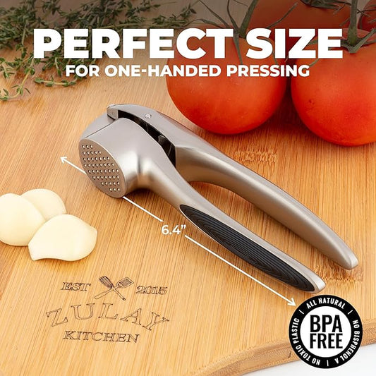 Zulay Kitchen Large Premium Garlic Press Set – Rust Proof & Dishwasher Safe, Bigger Bowl Garlic Mincer Tool with Silicone Garlic Peeler & Brush, Easy Squeeze & Clean, Ergonomic Handle - Silver