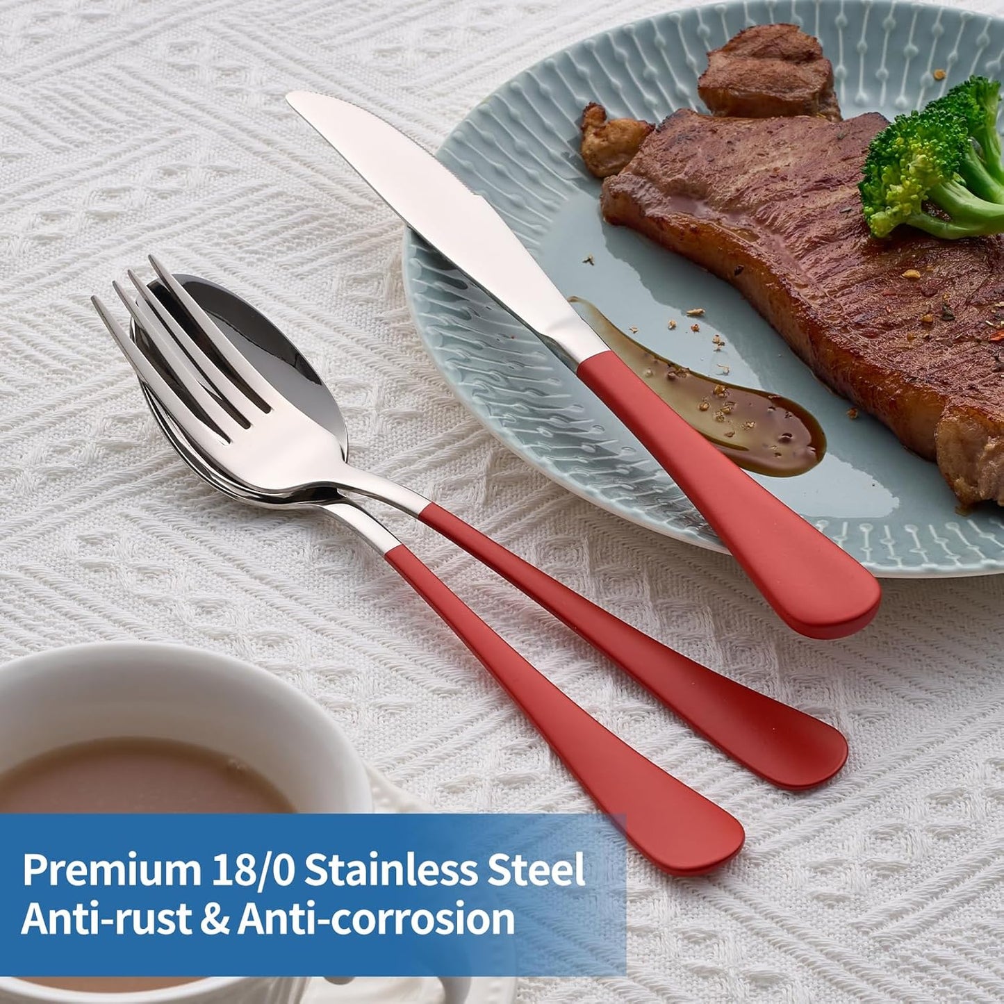 20-Piece Red Silverware Set, 18/0 Stainless Steel Red Handle Flatware Set, Service for 4, Modern Cutlery Set Includes Dinner Knives Forks Spoons, Mirror Polished, Dishwasher Safe