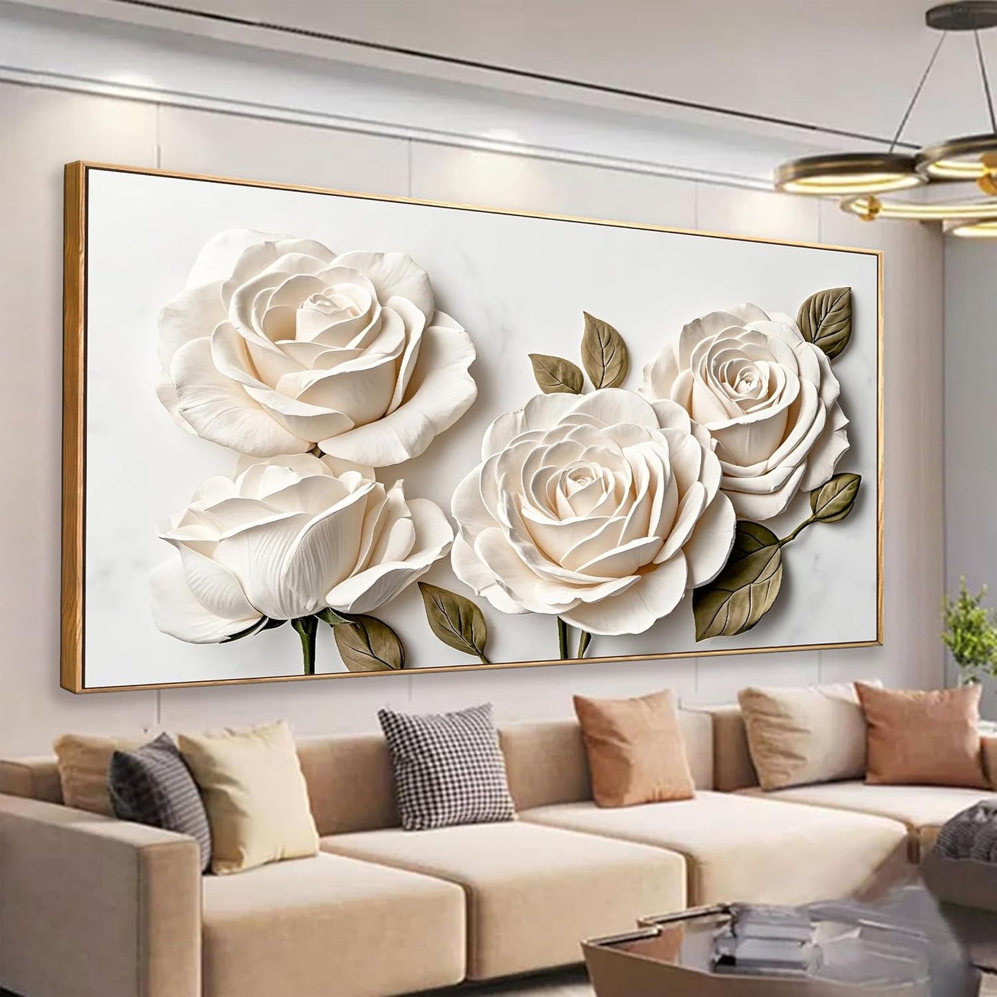 Suconvng Large Floral Wall Art Modern Canvas Art Wall Decor Painting White Flower Wall Art For Bedroom Office Home Wall Decoration 29" X 58" With Framed Wood Frame
