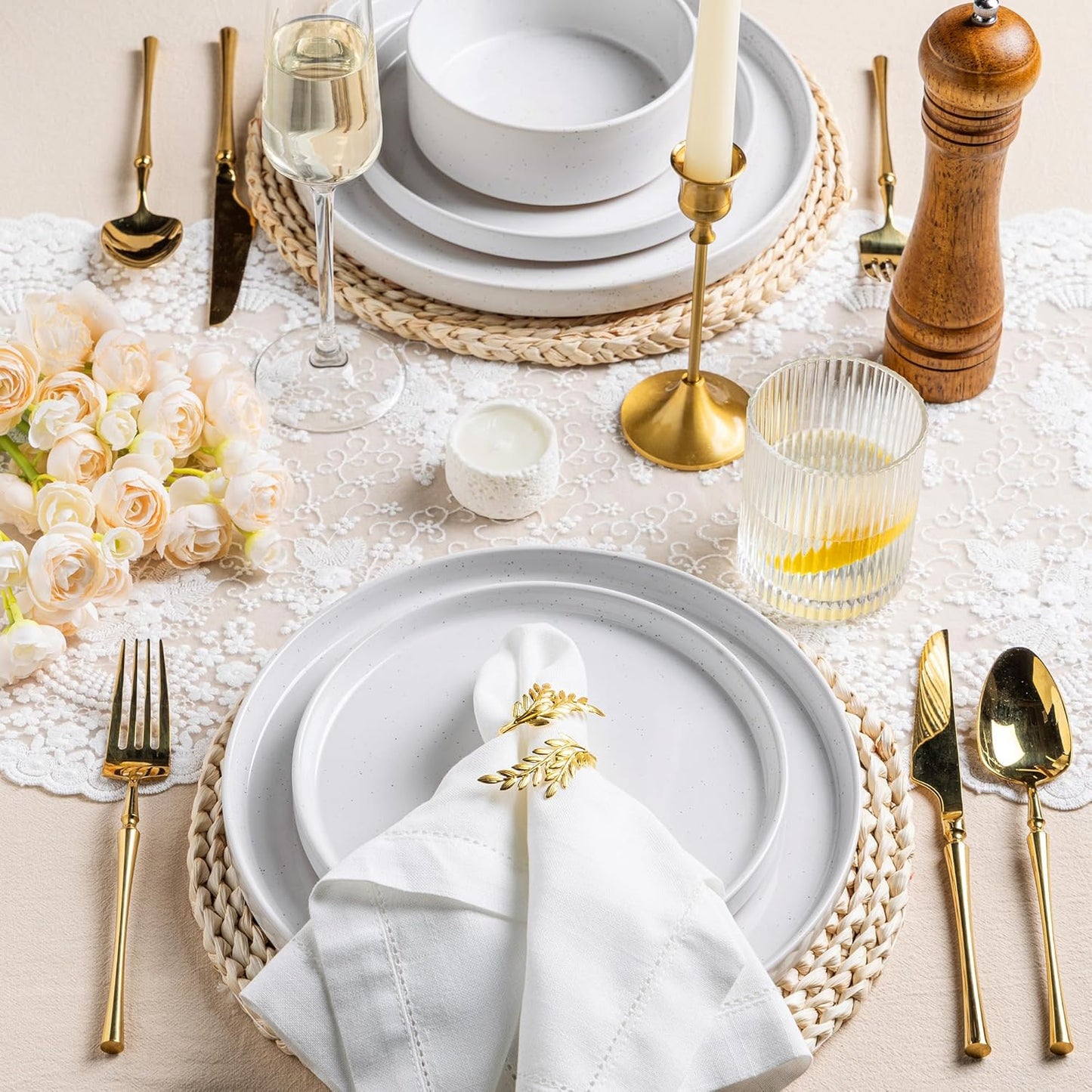 AmorArc Ceramic Dinnerware Set for 8 | Speckled Stoneware Plates and Bowls with Rustic Terracotta Underside| Scratch Resistant,Dishwasher & Microwave Safe Dishes Sets- 24pcs White