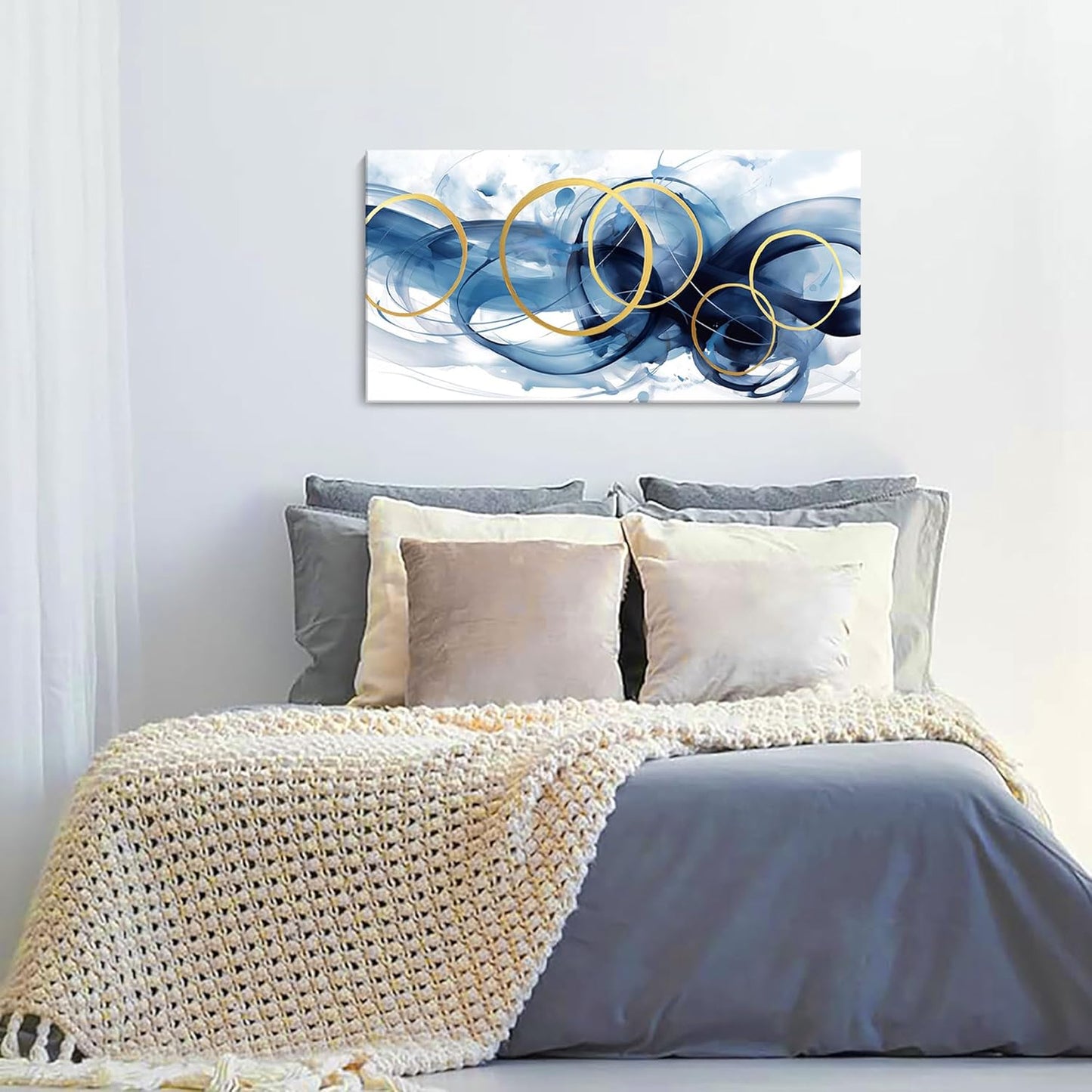 HKDGOKA Wall Art Living Room - Large Abstract Gold Blue Gradient Paintings Wall Canvas Artwork Modern Office Bedroom Pictures for Kitchen Bathroom Wall Decor 20x40 In