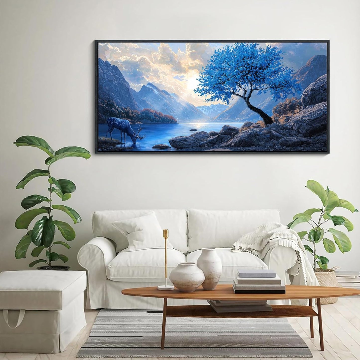 HKDGOKA Landscape Canvas Wall Art, Large Blue Gray Mountain Lake Tree Eagles Deer Framed Paintings Artwork Modern Wall Picture for Living Room Bedroom Kitchen Farmhouse Decor 24x48 IN