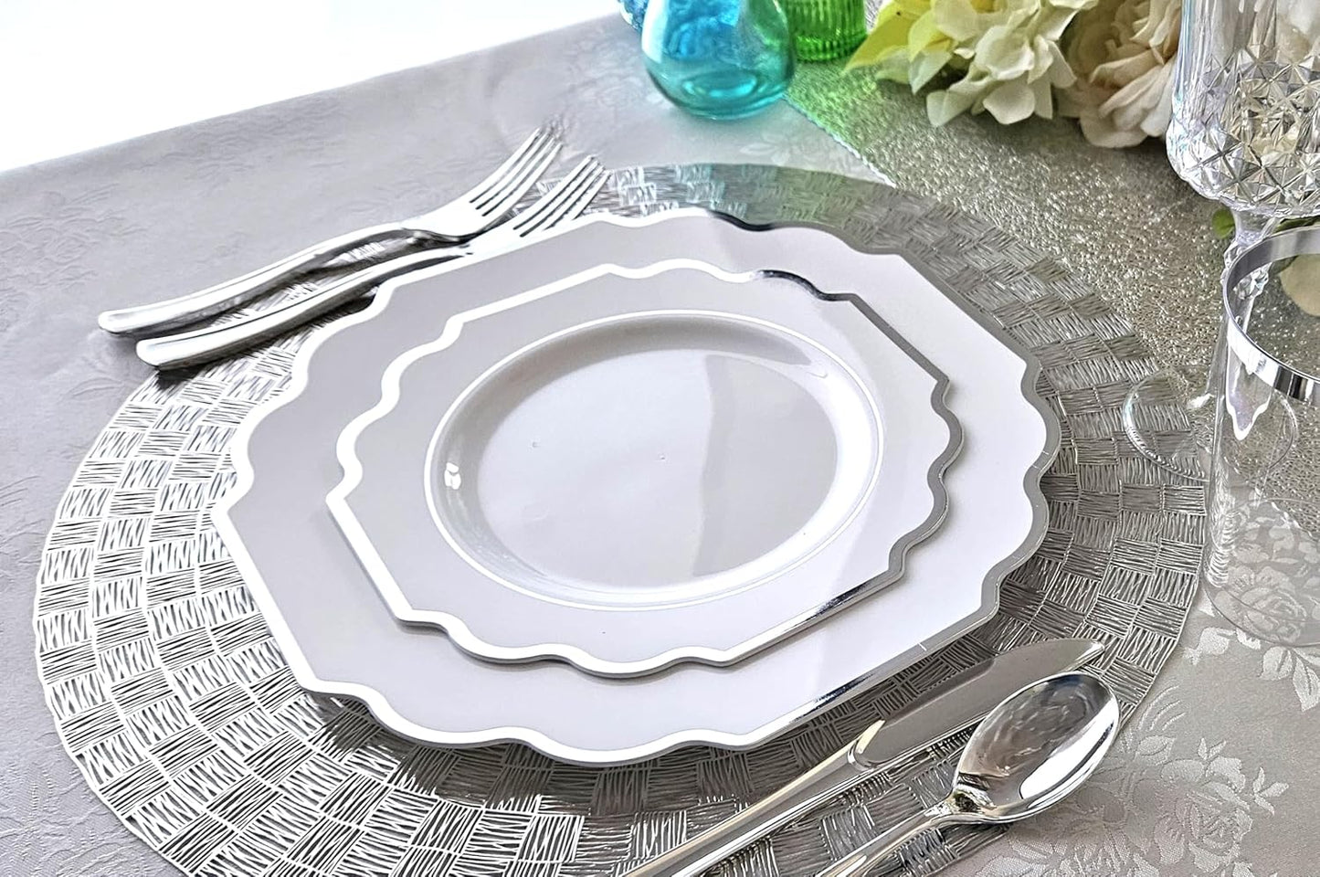" OCCASIONS " 80 Plates Pack,(40 Guests) Heavyweight Wedding Party Disposable Plastic Plates Set -40 x 10.5'' Dinner + 40 x 8'' Salad/Dessert Plate (Imperial in White & Silver Rim)