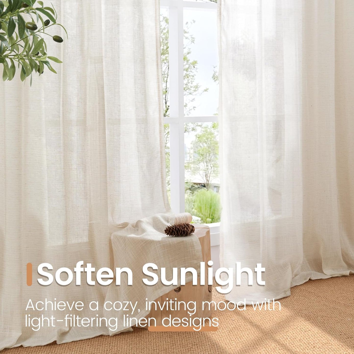 BGment 80 Inches Long Linen Semi Sheer Curtains for Bedroom, Oatmeal Light Filtering Window Drapes with Rod Pocket Lightweight Natural for Farmhouse Living Room, 2 Panels Set, Each 52 Inch Wide