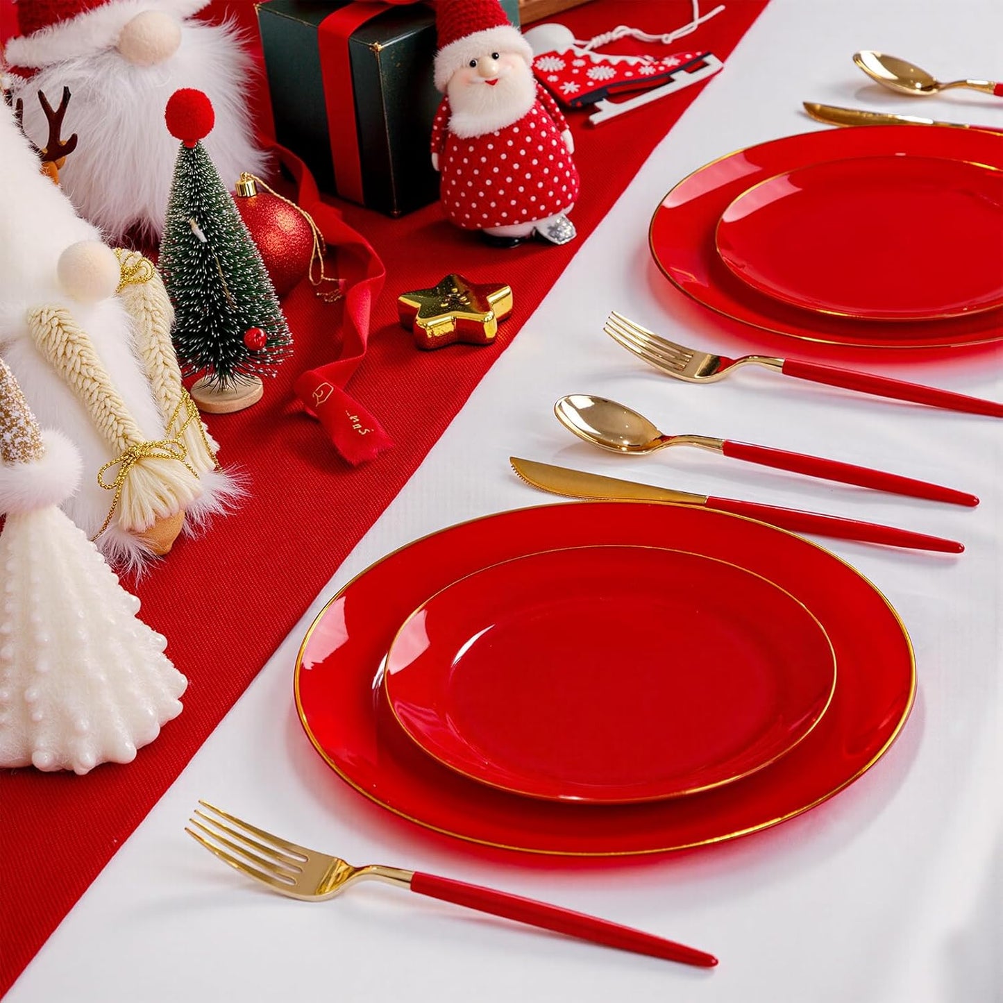 DaYammi 150Pcs Red Plastic Plates & Gold Cutlery with Red Handle,Christmas Disposable Plates Set Include 30 Dinner Plate, 30 Dessert Plate,30 Knives,30 Forks,30 Spoons for Christmas Party Holiday