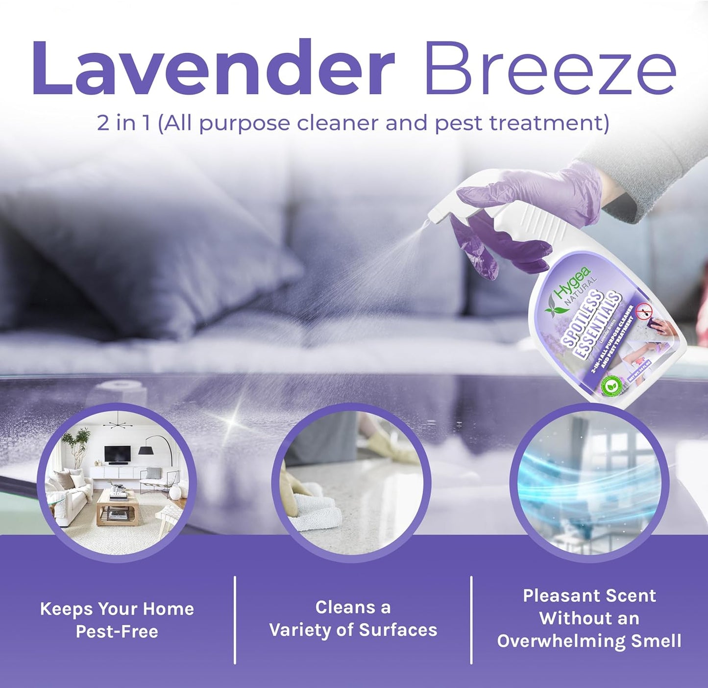 Hygea Natural Spotless Essentials - Concentrated Multi-Surface Cleaner for Home & Kitchen - Eliminates Dust Mites, Bed Bugs, Ants, Lice - Child & Pet Friendly - 24oz (Lavender Breeze Scent)