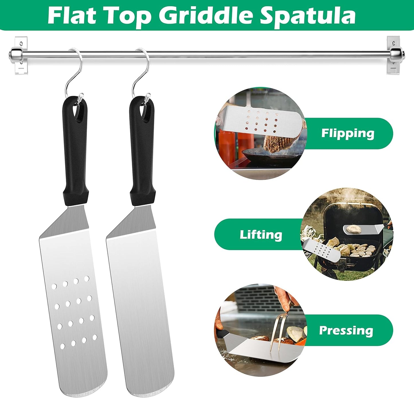 Metal Spatula Set of 2, HaSteeL 14.5 x 2.8In Heavy Duty Perforated & Solid Griddle Tuner Flipper, Long Stainless Steel Griddle Tools for Flat Top Teppanyaki Hibachi Grilling Camping, Easy to clean
