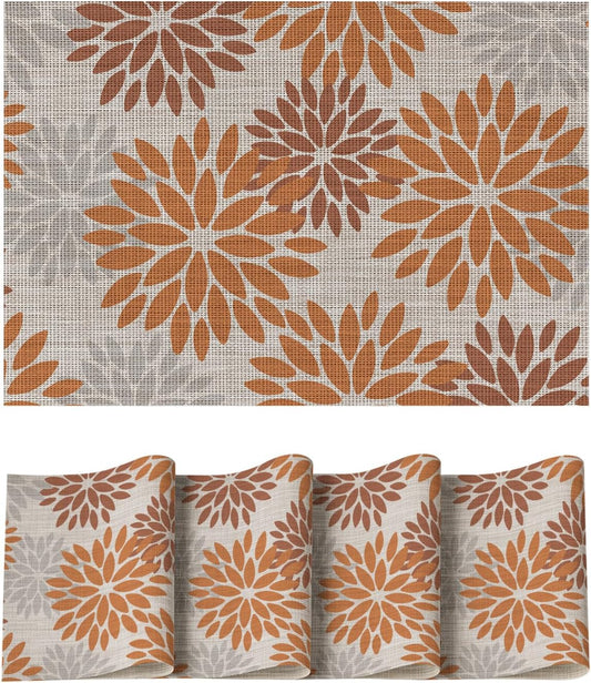 Artoid Mode Floral Vinyl Fall Placemats Set of 4, 12x18 Inch Thanksgiving Vintage Washable Non-Slip Plastic Place Mats for Party Kitchen Dining Decor, Orange
