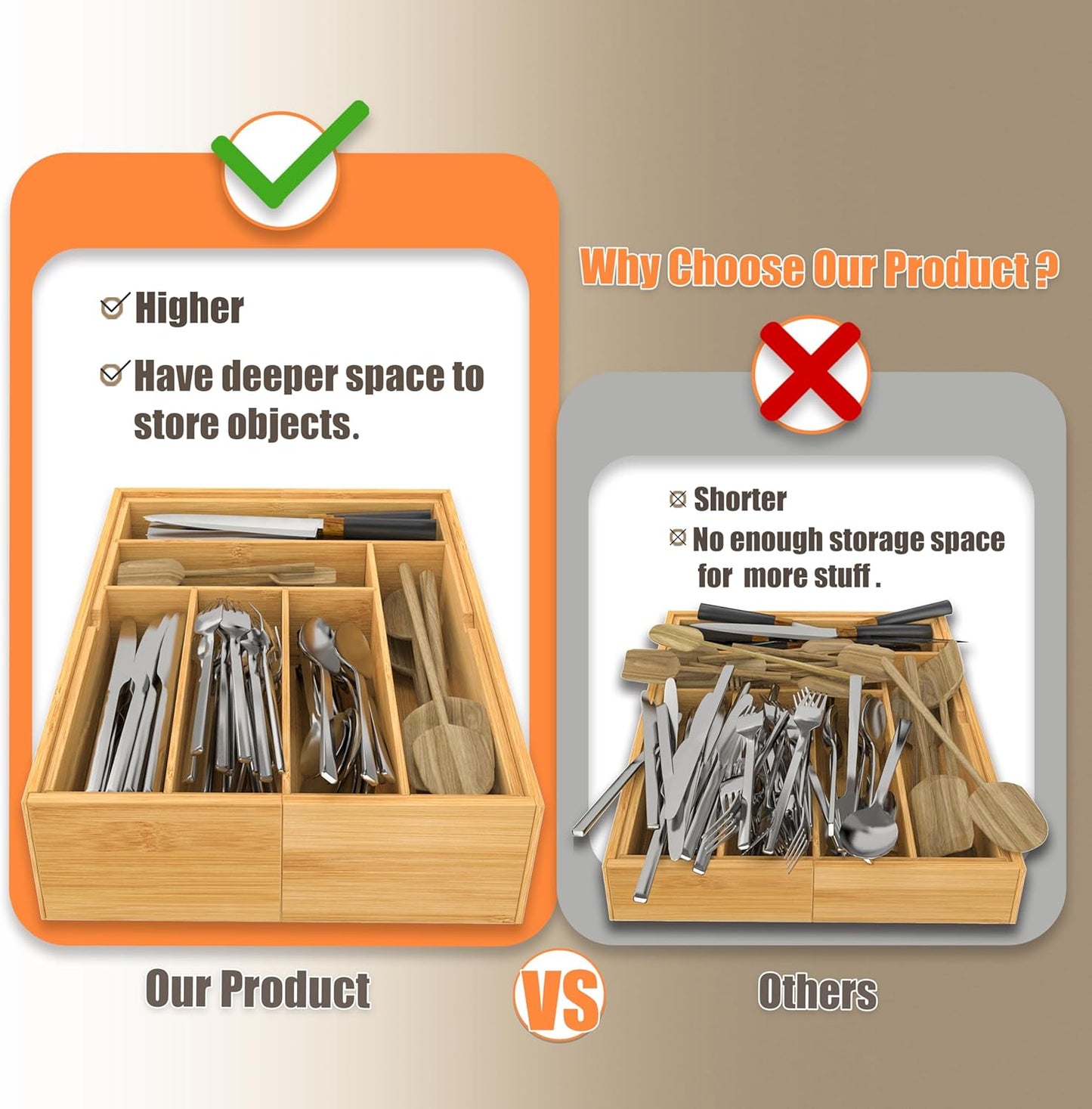 BAMEOS 3.9inch Tall Bamboo Drawer Organizer, Expandable Utensil Holder with 8 Compartments, Adjustable Kitchen Drawer Divider for Flatware, Silverware and Gadgets, Deep Storage for Home and Office