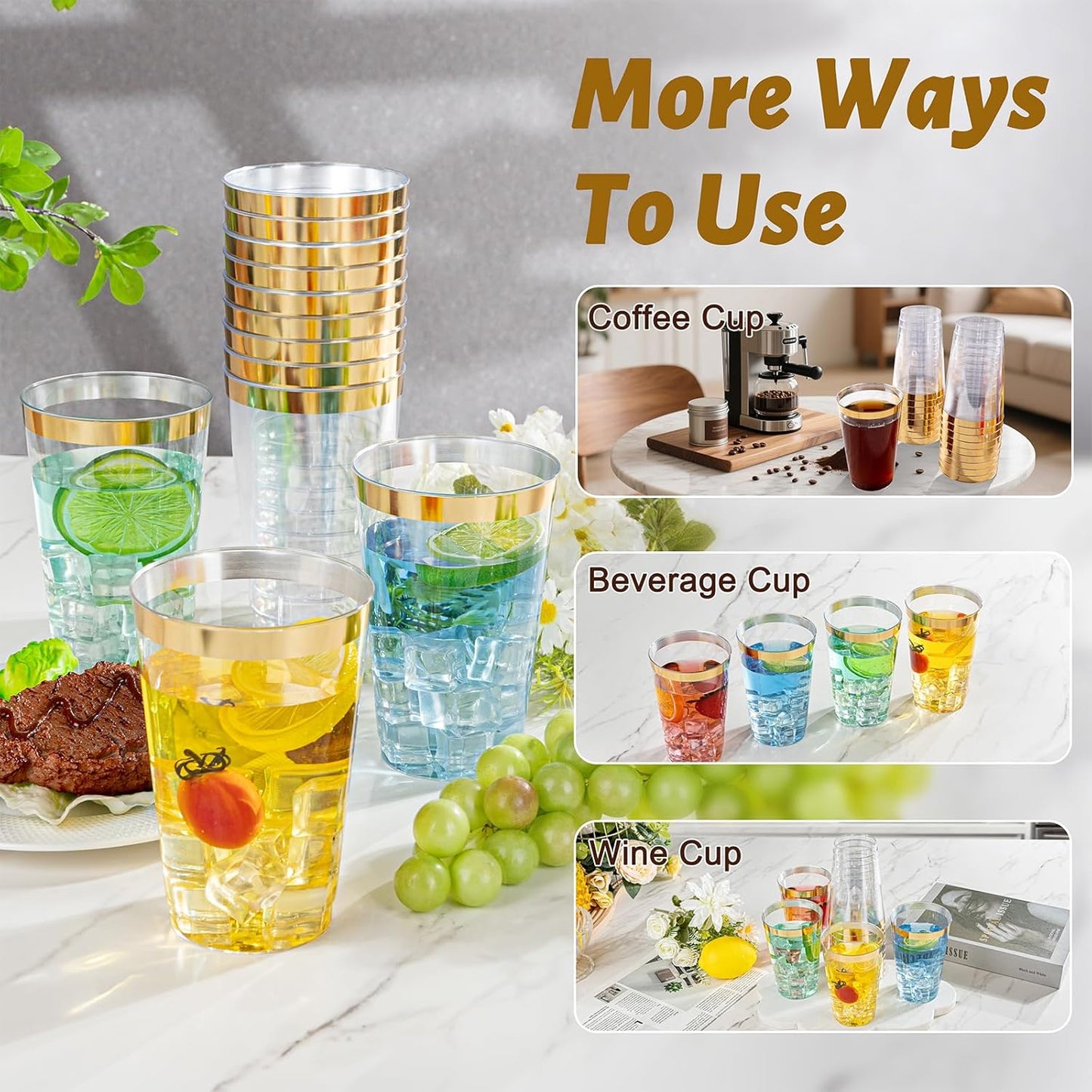 I00000 50 Pack 18 oz Gold Plastic Cups, Elegant Gold Rimmed Plastic Cups, Disposable Cocktail Glasses Wine Glasses, 18 oz Premium Tumblers Perfect for Birthday, Party & Wedding