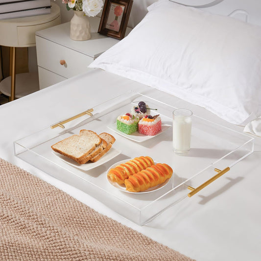 Extra Large Clear Acrylic Serving Tray (18×18 Inches) with Gold Handles Spill Proof Acrylic Over Size Big Decorative Tray Organiser for Ottoman Coffee Table Countertop