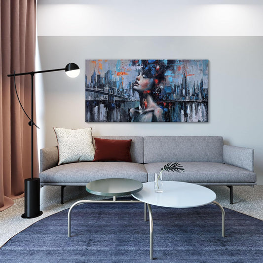 Navy Blue Abstract Wall Art Woman Picture for Living Room Modern Home Bedroom Decoration New York City Framed Cityscape Artwork Decor 24x48IN