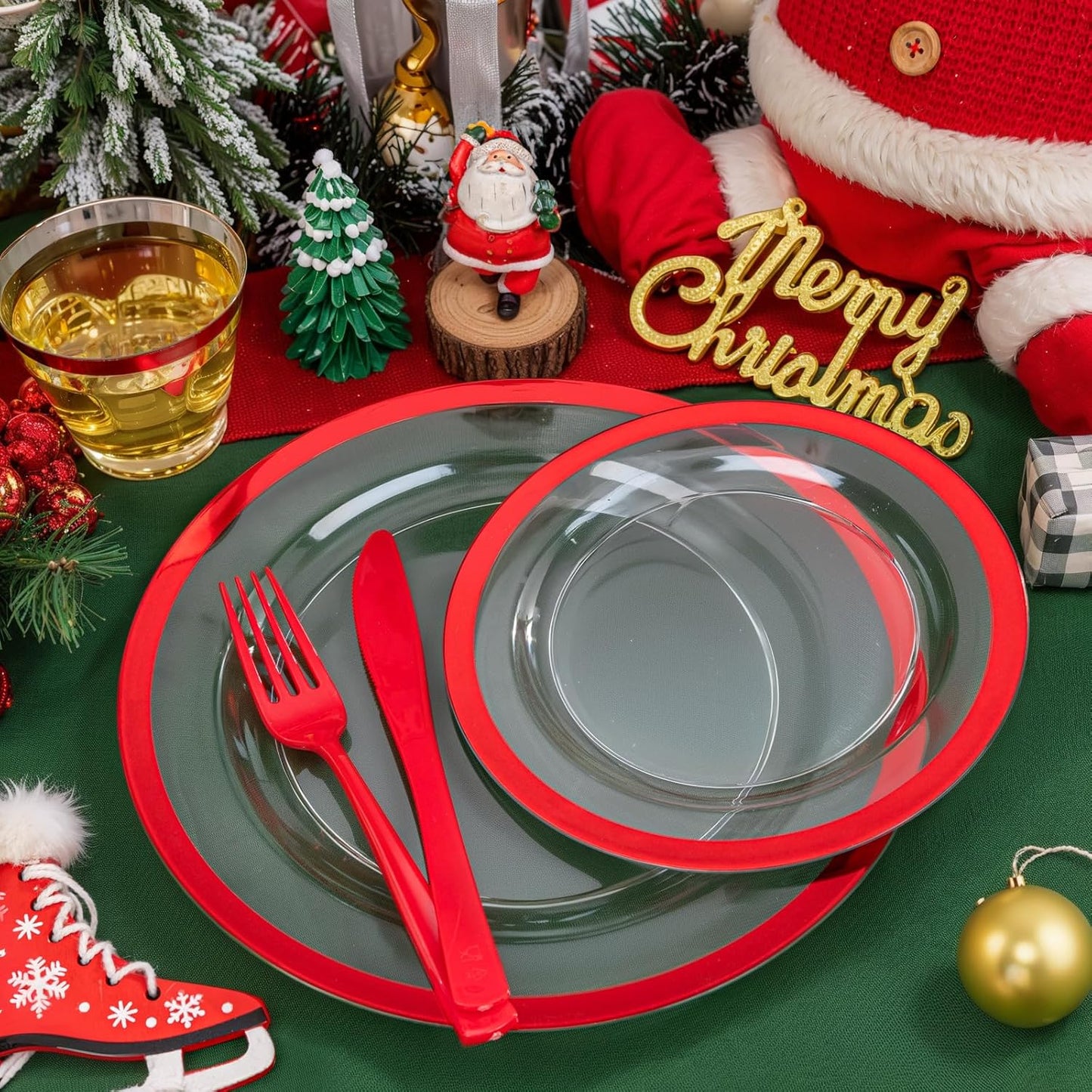 Liacere 350PCS Clear and Red Plastic New Year Plates and Napkins for 50Guests Plastic Dinnerware Set:100 Red Disposable Plates 50 Pre Rolled Napkins with Cutlery,50 Cups for Party＆Christmas