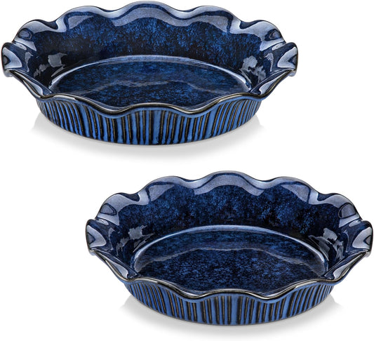 vancasso Stern Ceramic Pie Pan, 9 inch Pie Pans with Ruffled Edge, Deep Pie Dishes for Baking, Round Pie Plates for Apple, Quiche, Pot Pies, Tart, Oven & Dishwasher Safe, Set of 2, Blue