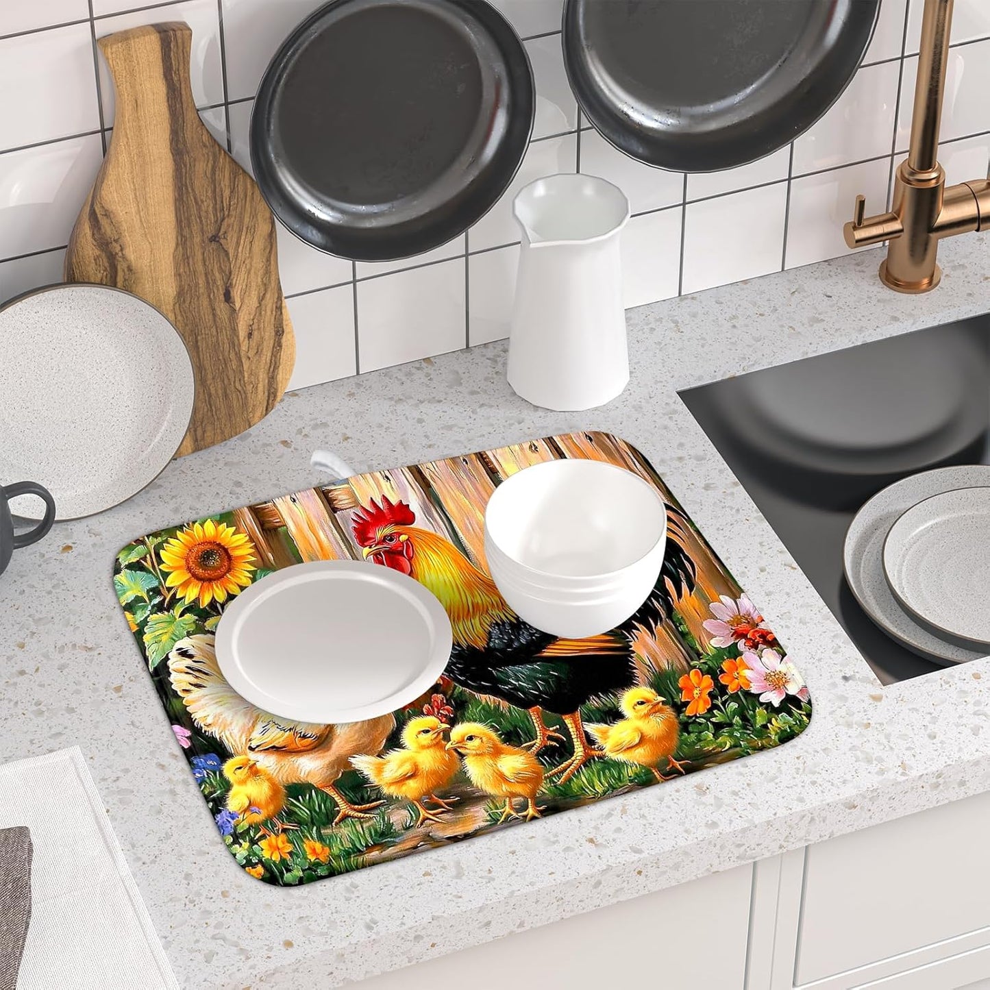 Rooster Dish Drying Mats 16x18 Inch,Farmhouse Chickens Sunflower Rustic Wooden Fence Microfiber Absorbent Draining Racks Sink Drainer Pad for Kitchen Coffee Maker Counter Decor