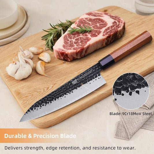 FINDKING Dynasty Series Japanese Chef Knife, Professional Kitchen Knife, 9Cr18MoV High Carbon Steel Blade, African Rosewood Octagonal Handle, Sharp, for Meat Cutting, 8 Inches