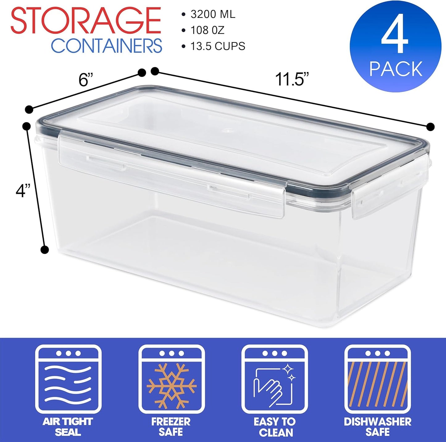 Sorbus Food Storage Containers - Pack of 4 - Air Tight, Four-Way Snap Lids Keeps Food Fresh - Store Cereal, Pasta, Flour, Nuts, Candy - Durable Plastic Kitchen Pantry Bins