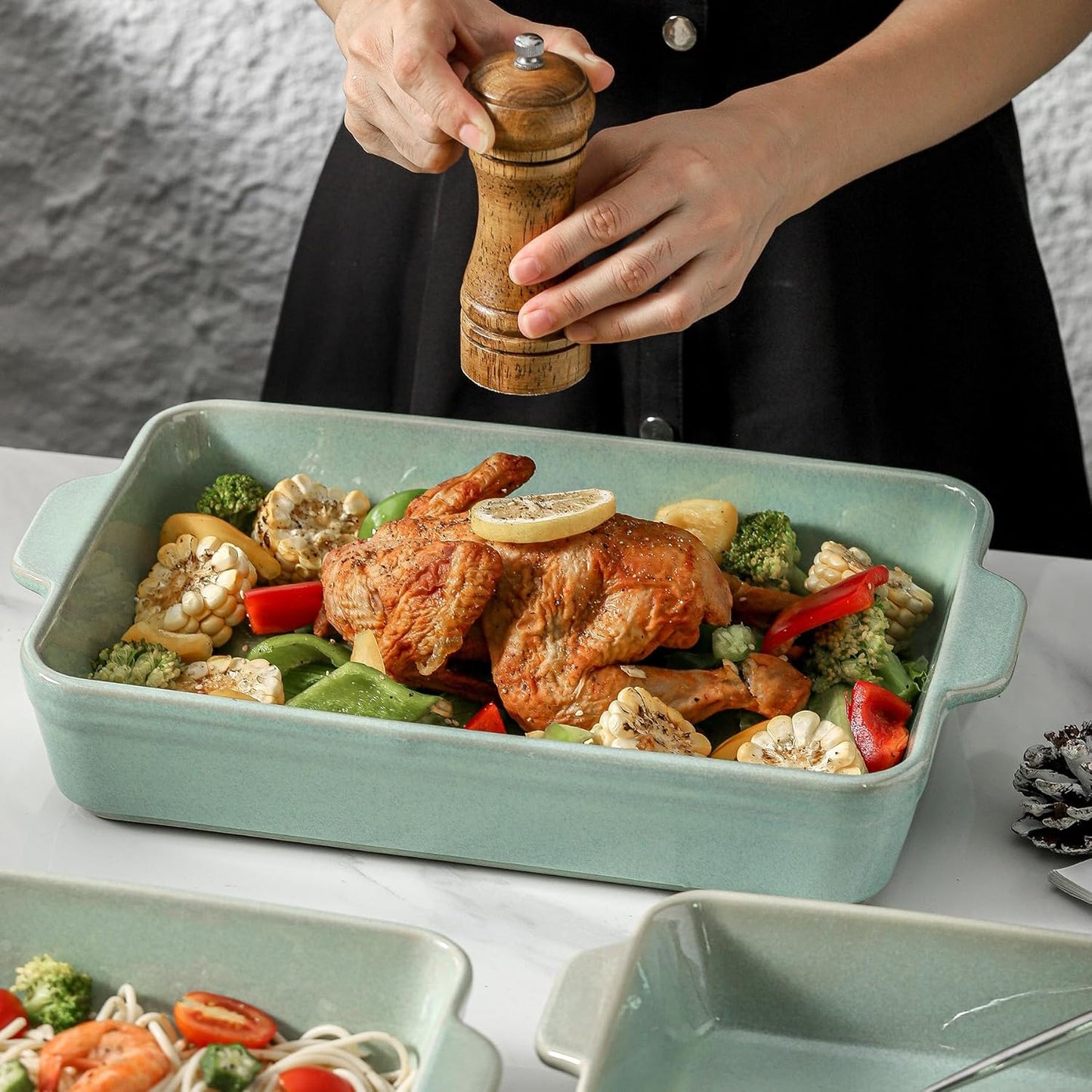 HVH 9x13 Baking Dish Set, Large Casserole Dishes for Oven, Ceramic Bakeware Set of 3, Rectangular Lasagne Pan Deep for Baking (Turquoise)