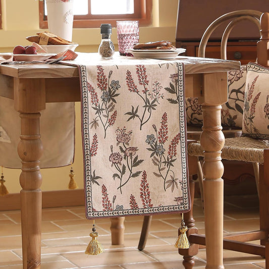 ISAENNE Designer Light Beige Linen Table Runner 87 Inches Long,Vintage Floral Wrinkle Resistant Decor Table Runners for Dining Tables,Christmas,Thanksgiving,Kitchen Tables,12"*87"-Helena A