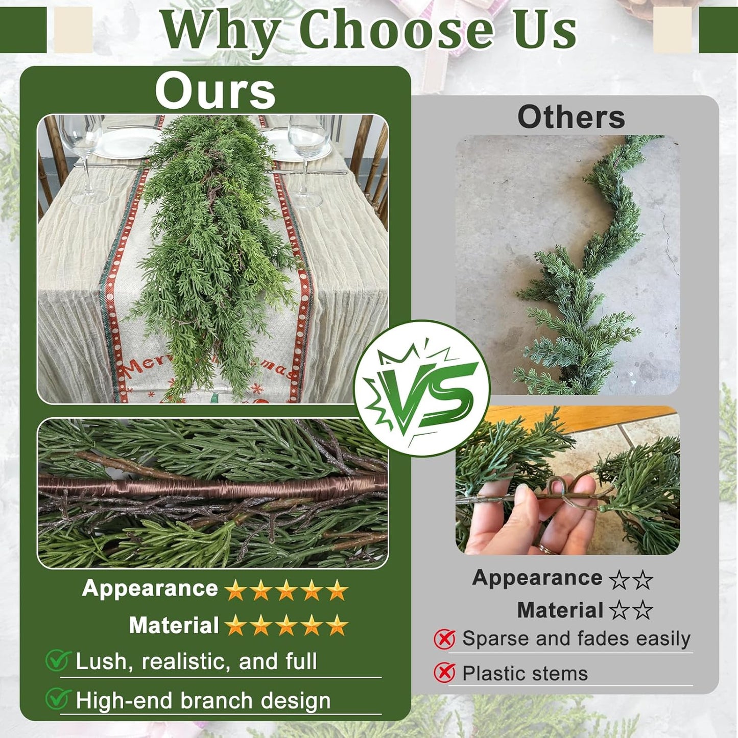 Artgar 6 Ft Christmas Cedar Garland - Realistic Greenery Cypress Garlands - Real Touch Artificial Pine Garland Christmas Decorations for Outdoor Home Dining Table Mantel Stair Porch Winter Xmas Decor