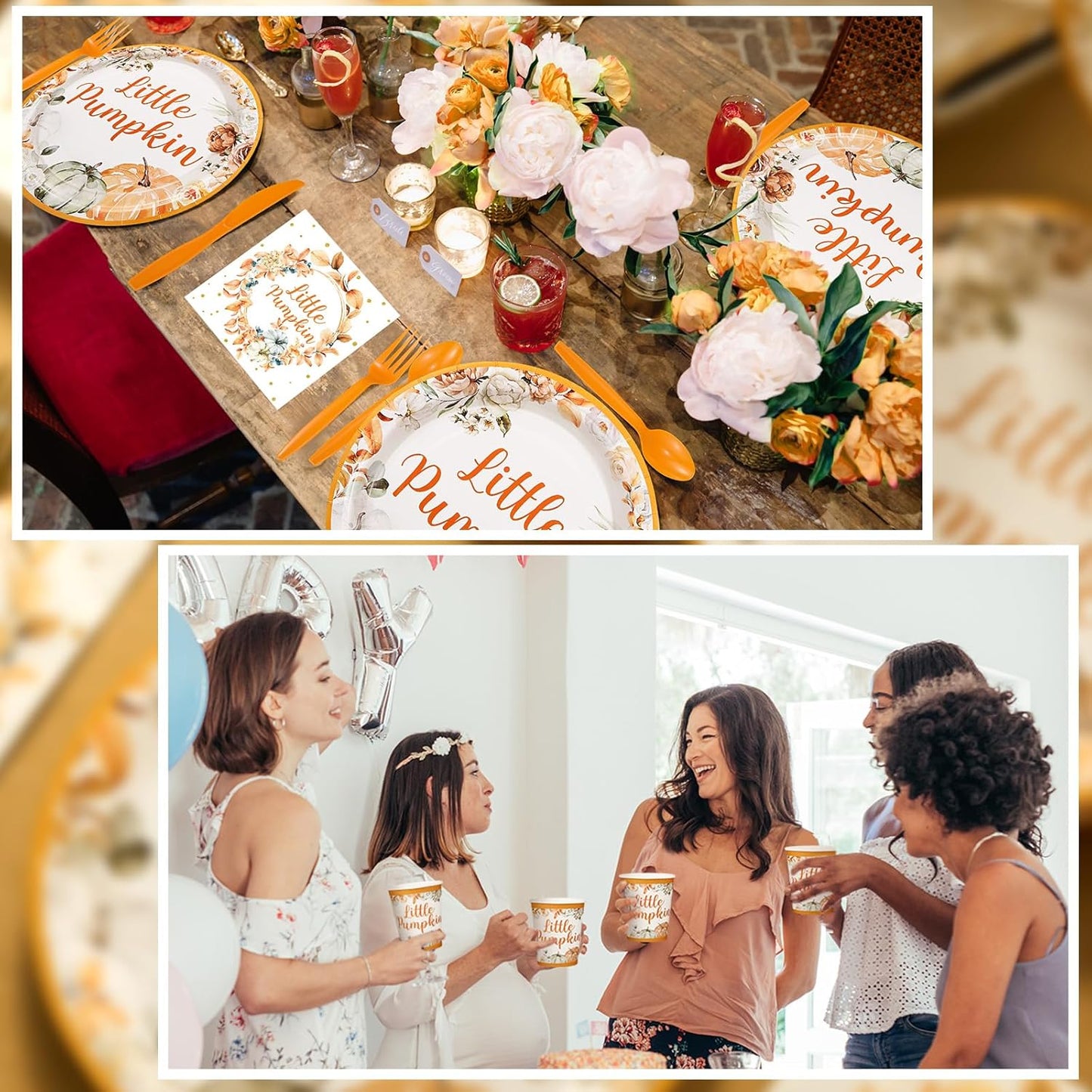 Dandat 350 Pcs Baby Shower Plates Set Baby Shower Party Supplies Serves 50 Tableware Sets Include Plates Napkin Cup Forks Knives Spoons Disposable Dinnerware(Little Pumpkin,Orange)