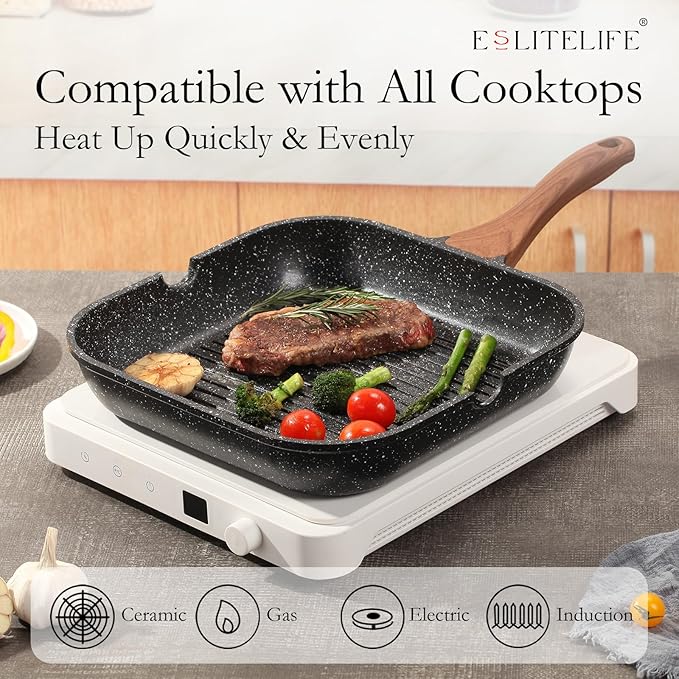 ESLITE LIFE 9.5 Inch Nonstick Grill Pan for Indoor Cooking, Versatile Induction Square Large Grilling Skillet Steak Pan for Stove Tops, PTFE & PFOA Free, Black