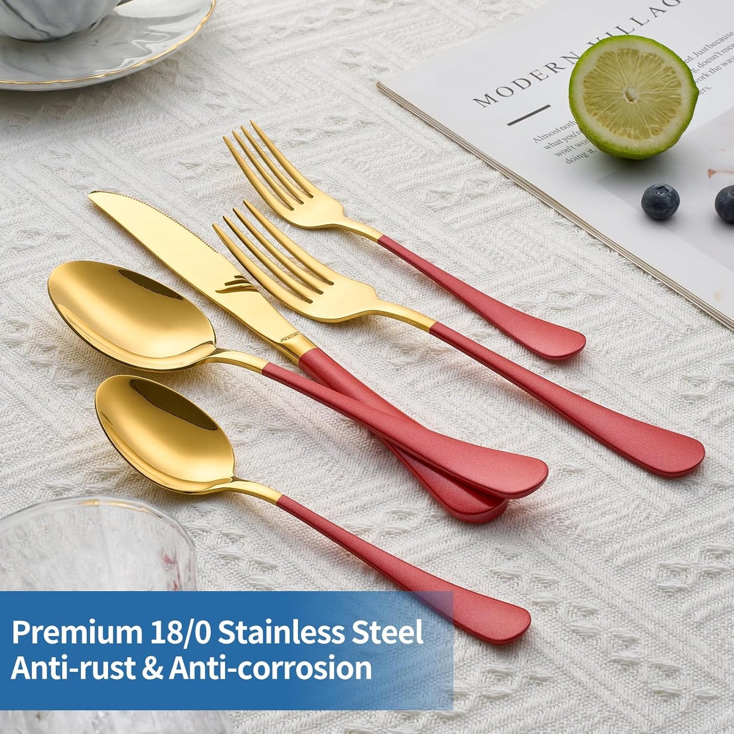 20-Piece Red & Gold Silverware Set, 18/0 Stainless Steel Colorful Handle Flatware Set,Service for 4,Modern Cutlery Set Includes Dinner Knives Forks Spoons,Mirror Polished,Dishwasher Safe